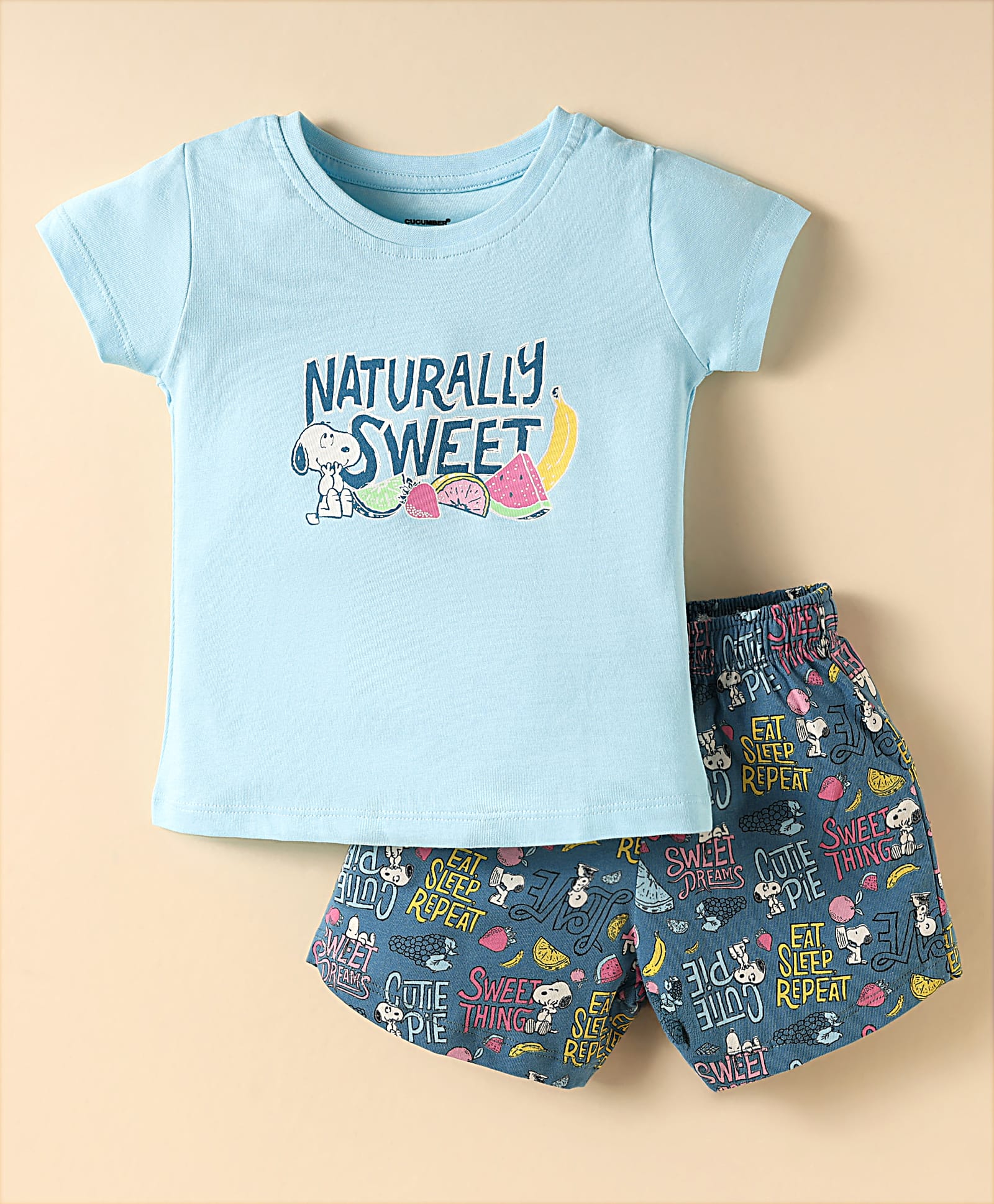 CUCUMBER Sinker Knit Half Sleeves Shorts Night Suit with Snoopy Graphic - Light Blue-image-9