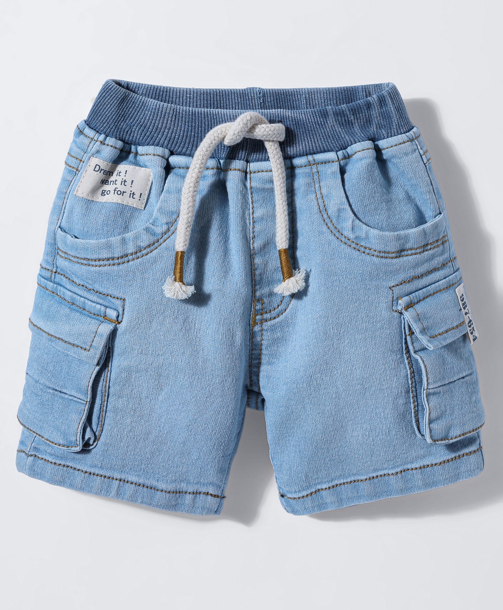 Little Kangaroos Knee Length Solid Denim Shorts With Adjustable Elastic - Blue-image-1