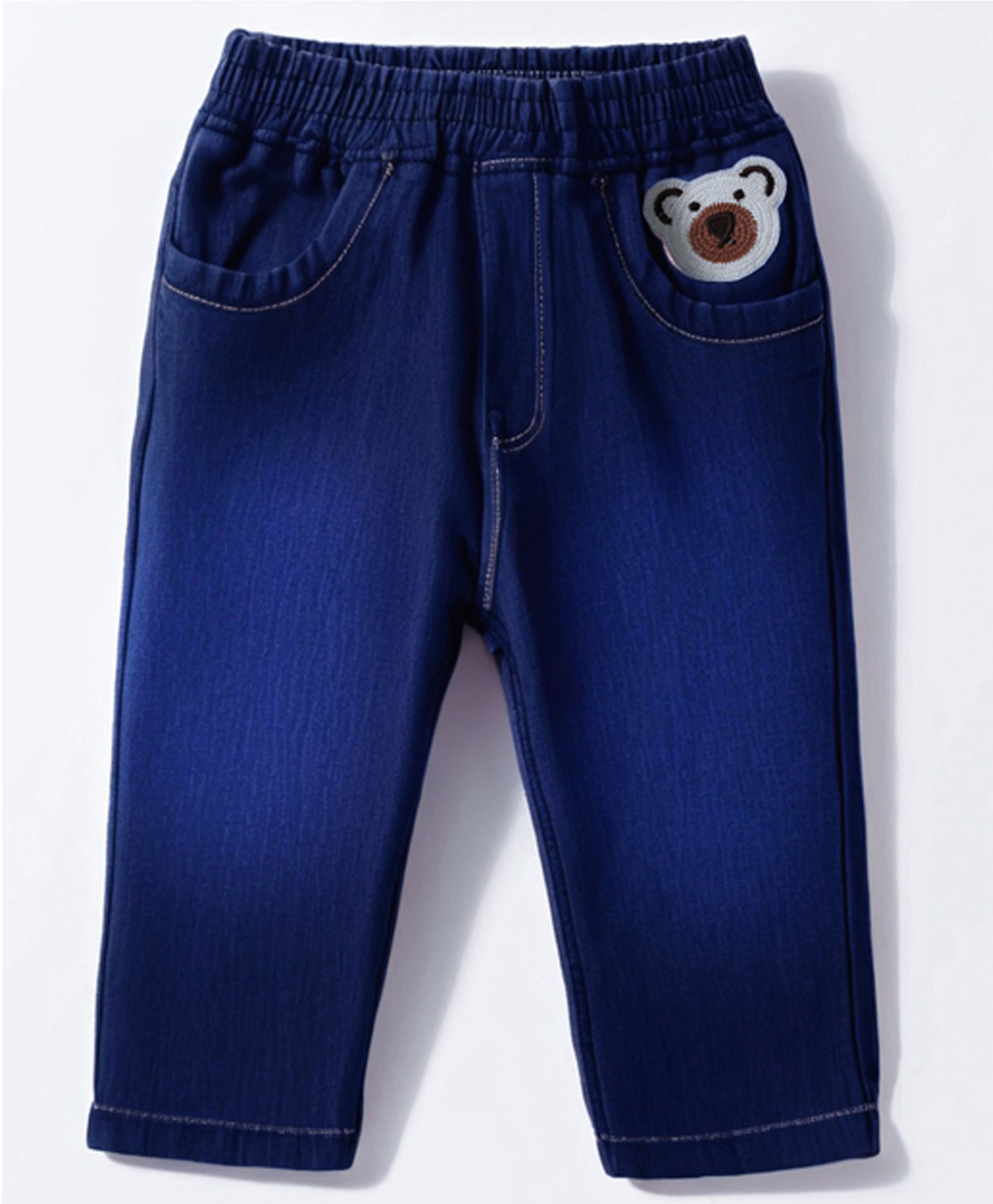 Little Kangaroos Full Length Solid Denim Jeans With Adjustable Elastic & Bear Patch - Royal Blue-picture-19