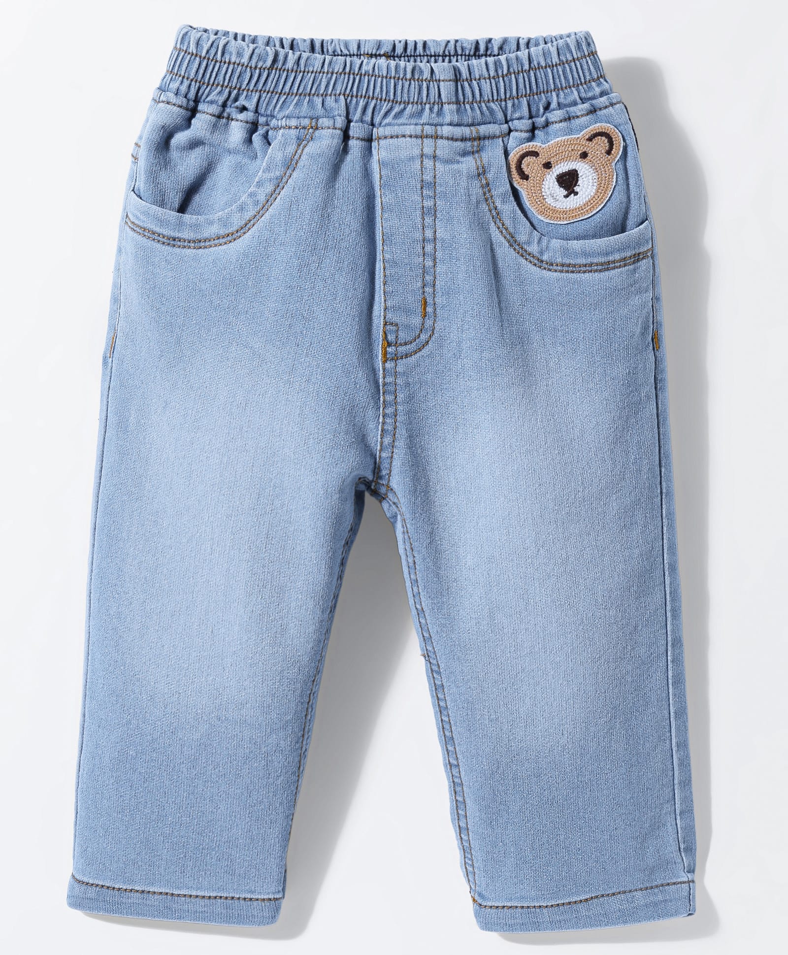Little Kangaroos Full Length Solid Denim Jeans With Adjustable Elastic & Bear Patch - Blue-picture-13