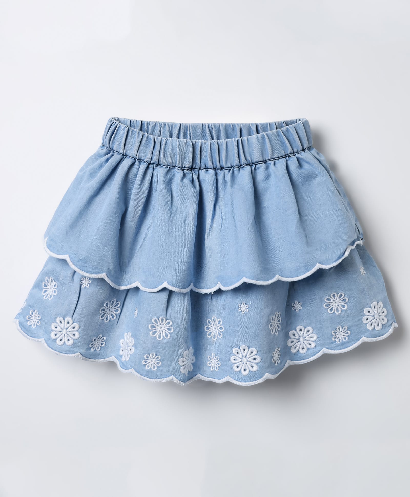 Little Kangaroos Denim Woven Knee Length Skirt With Floral Embroidery - Light Blue-picture-11