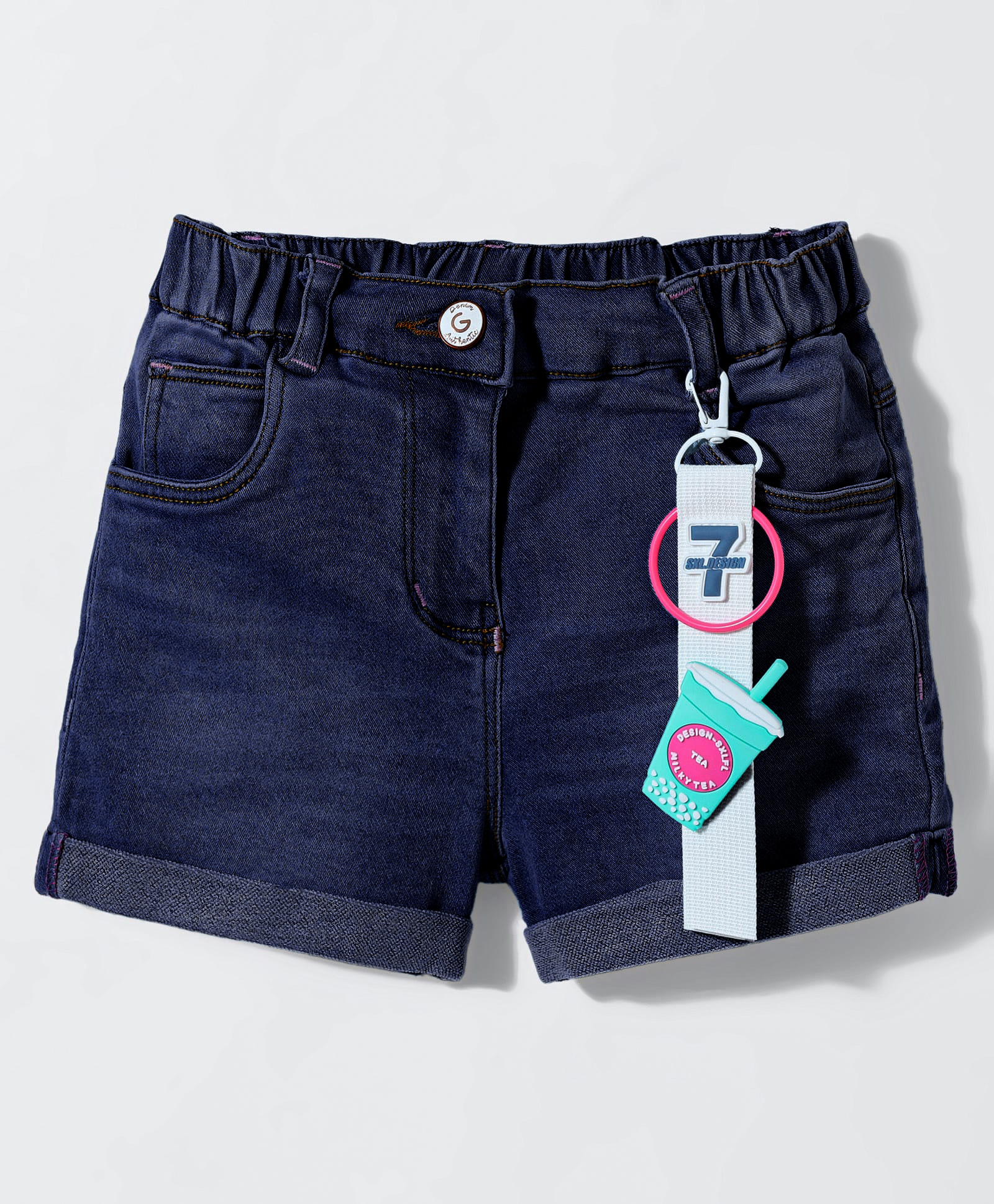 Little Kangaroos Woven Knee Length Solid Denim Shorts With Adjustable Elastic & Applique - Navy Blue-picture-11