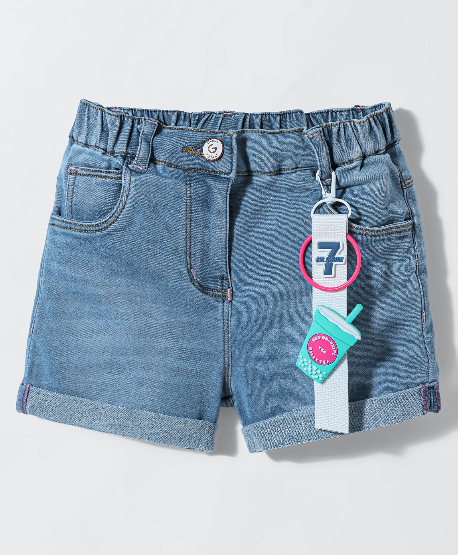 Little Kangaroos Woven Knee Length Solid Denim Shorts With Adjustable Elastic & Applique - Light Blue-picture-19