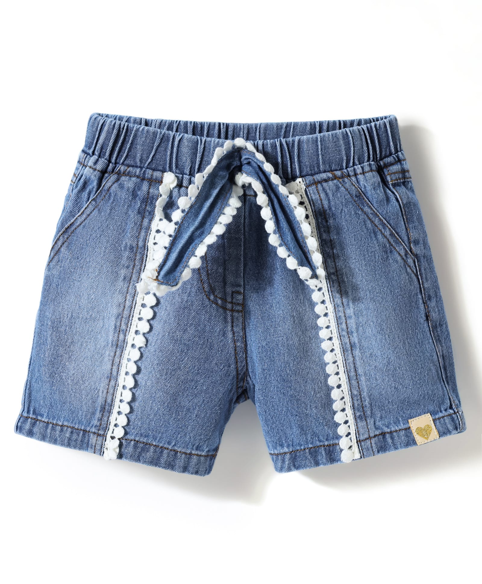 Little Kangaroos Denim Woven Knee Length Washed Shorts With Lace Detailing & Bow - Light Blue-image-32