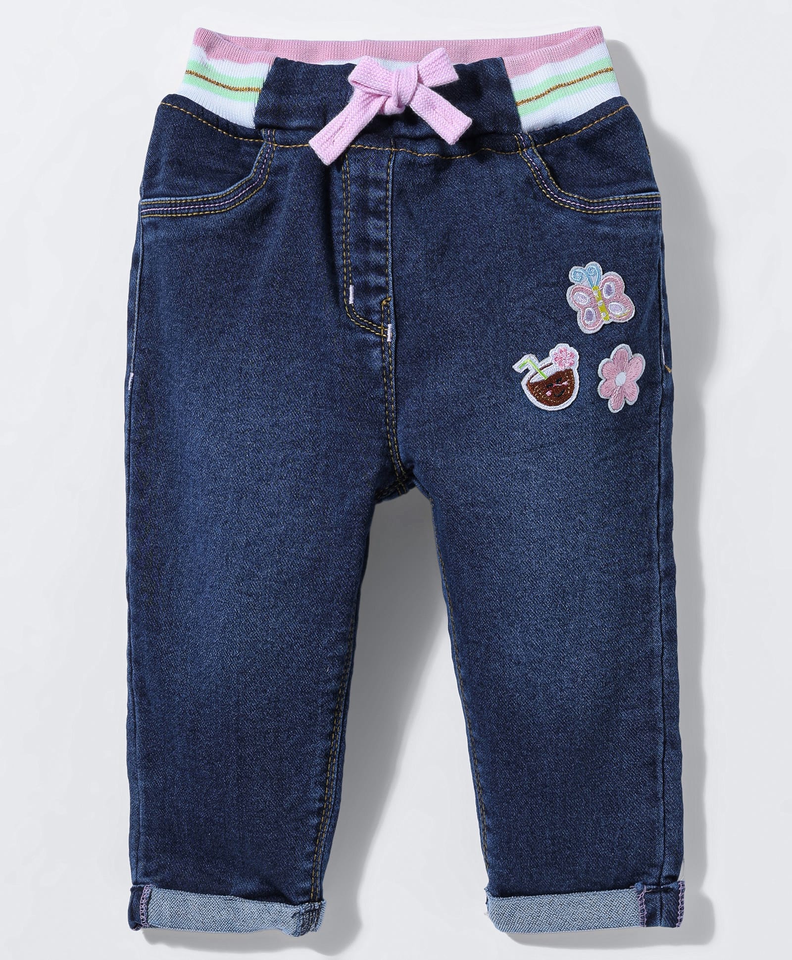 Little Kangaroos Woven Full Length Denim Jeans With Adjustable Elastic & Patch Detailing - Navy Blue-picture-17