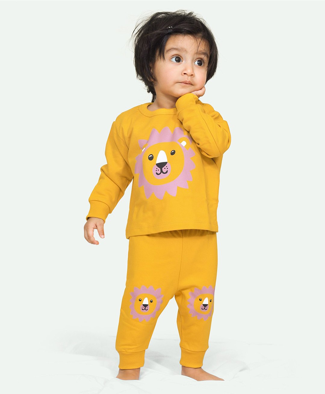 Ariel Pure Cotton Full Sleeves Lion Printed Tee With Coordinating Pajama Set - Mustard-image-23