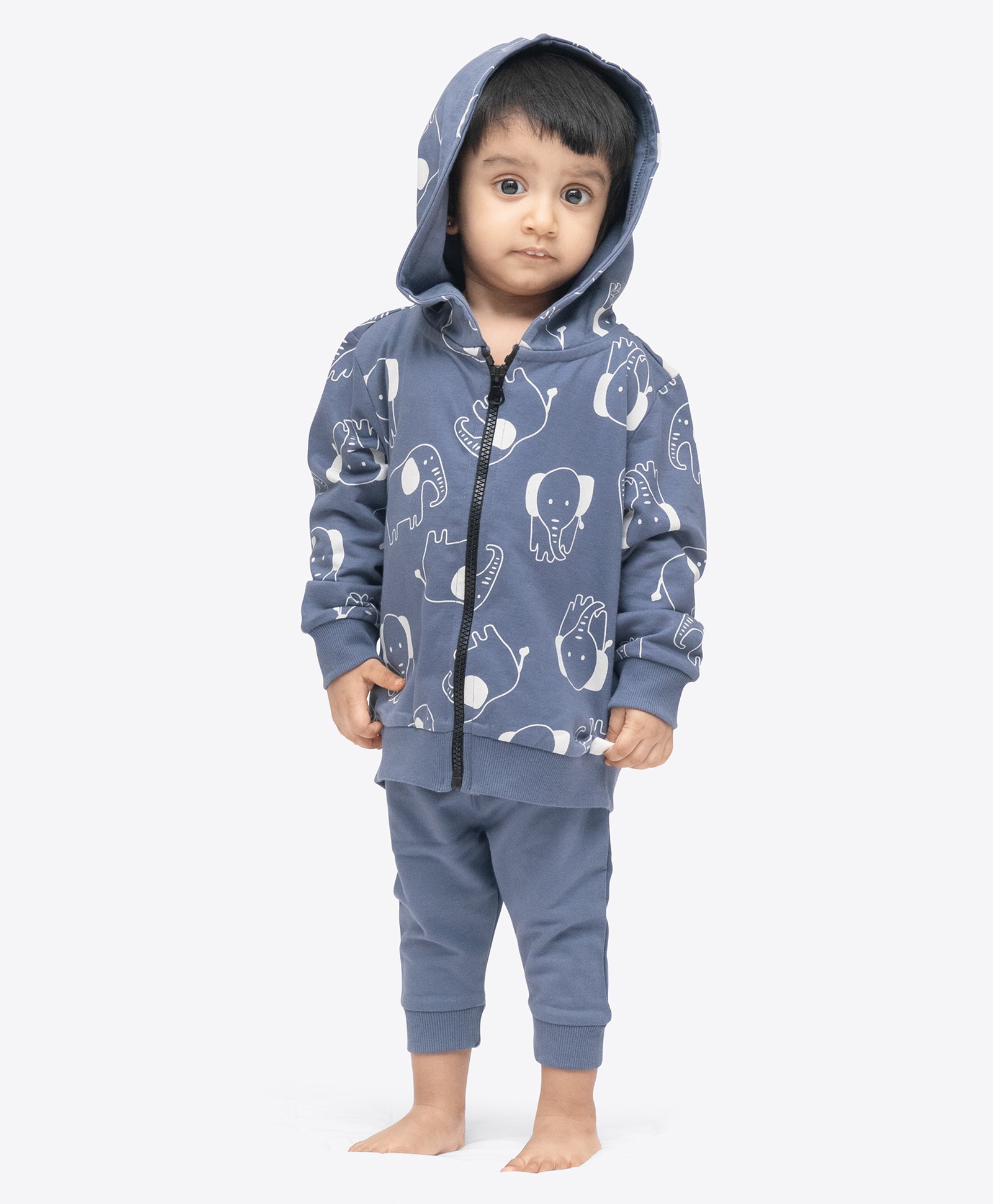 Ariel Pure Cotton Knit Full Sleeves Elephants Printed Light Winter Hooded Sweatshirt & Joggers Set - Blue-image-0