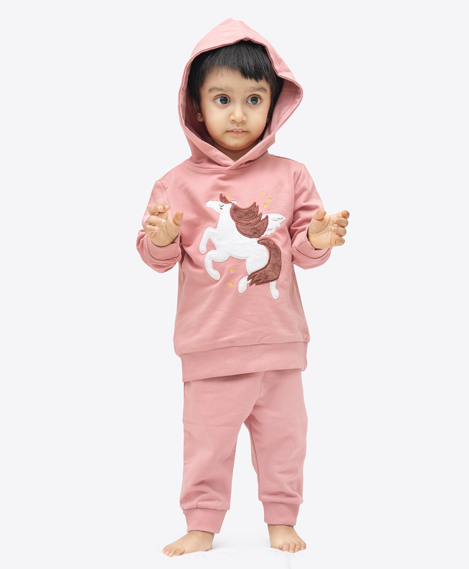 Ariel Pure Cotton Knit Full Sleeves Unicorn Printed Light Winter Hooded Sweatshirt & Joggers Set - Pink-image-29