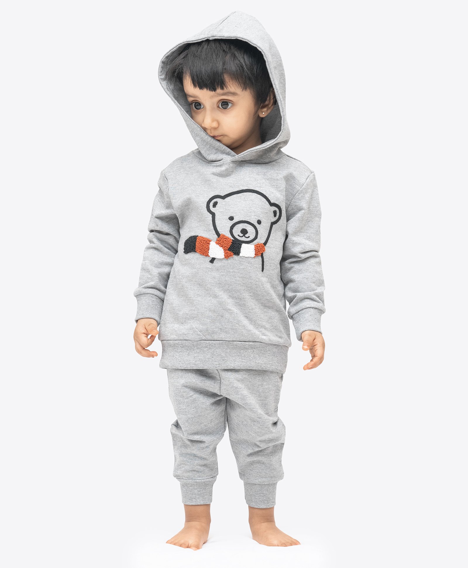 Ariel Pure Cotton Knit Full Sleeves Bear Printed Light Winter Hooded Sweatshirt & Joggers Set- Grey Melange-image-31