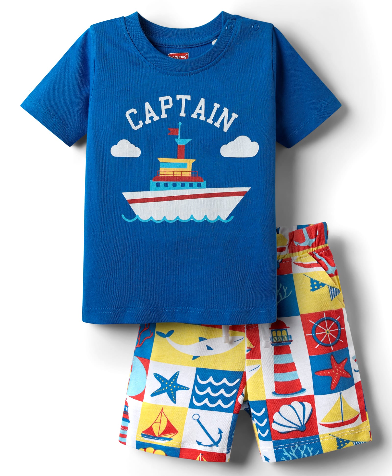 Babyhug Cotton Knit Half Sleeves Night Suit With Nautical Theme Print - Navy Blue