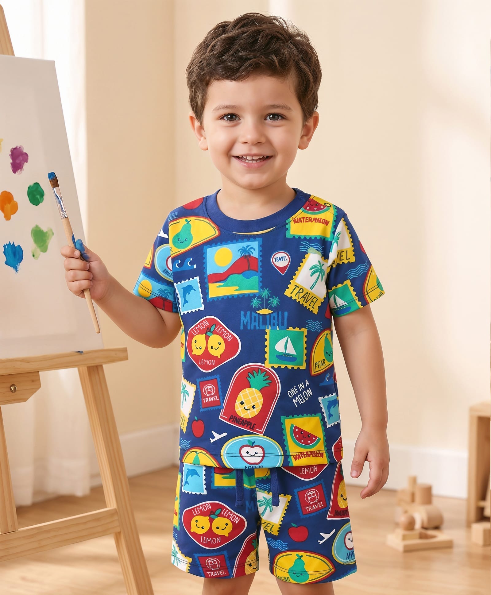 Babyhug Cotton Knit Half Sleeves Co-ords Shorts Night Suit with Tropical Theme Print - Navy Blue-image-26