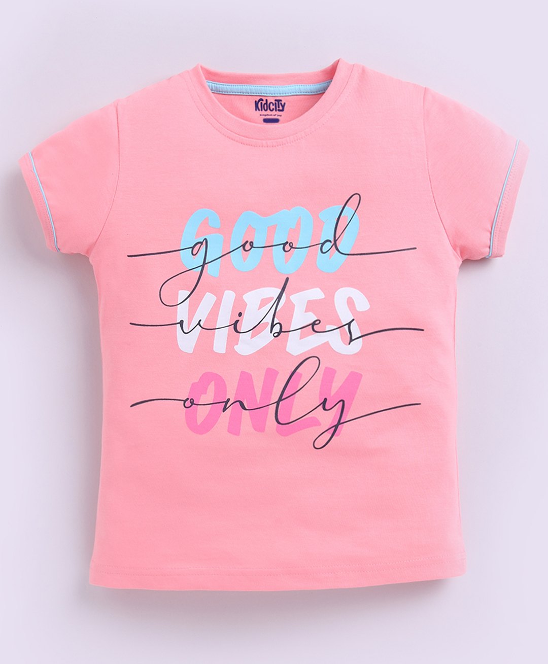 Kidcity Cotton Sinker Half Sleeves Good Vibes Only Text Printed Top - Peach-image-32