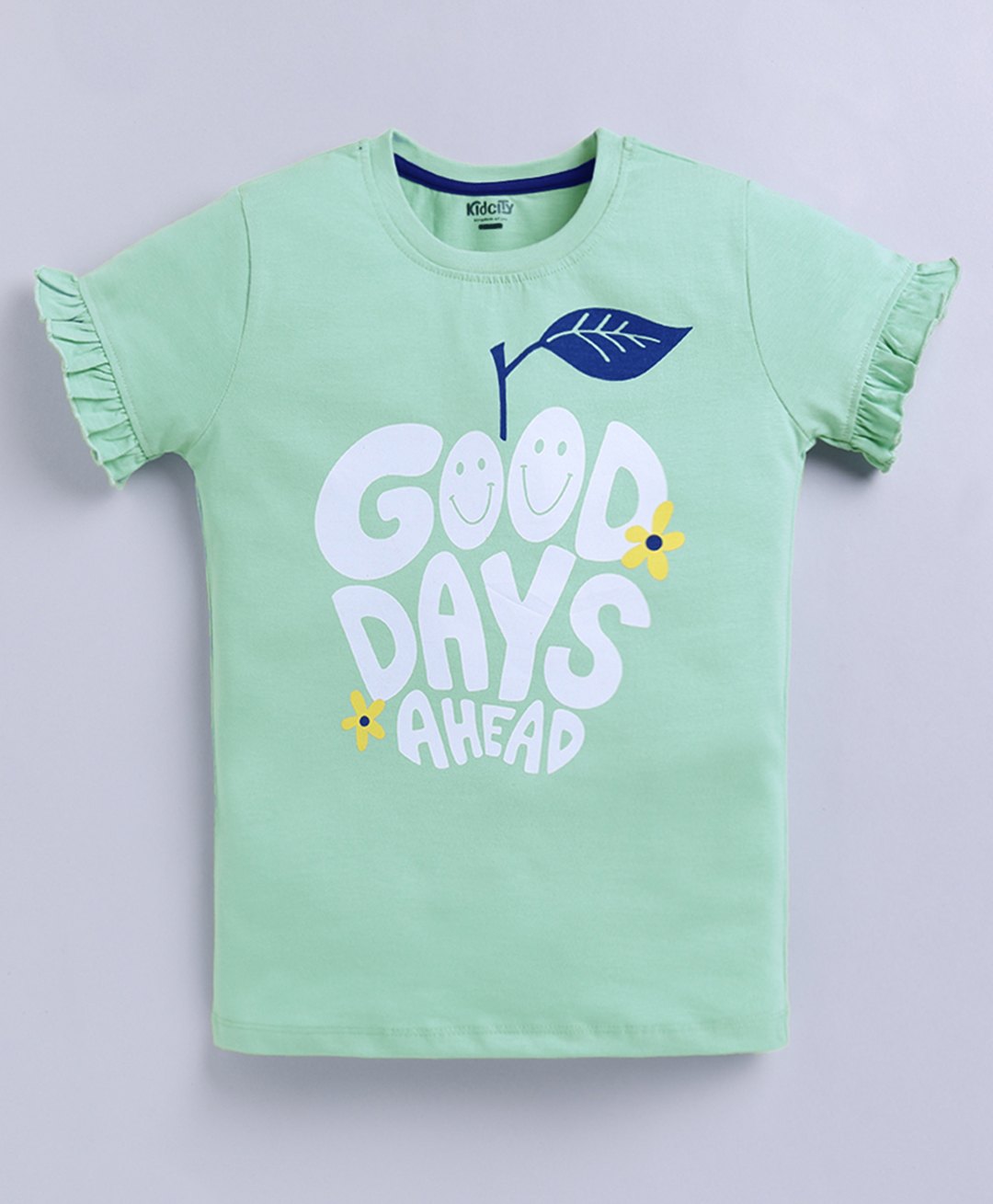 Kidcity Cotton Sinker Half Frill Sleeves Good Days Ahead Text Printed Top - Light Green-picture-15