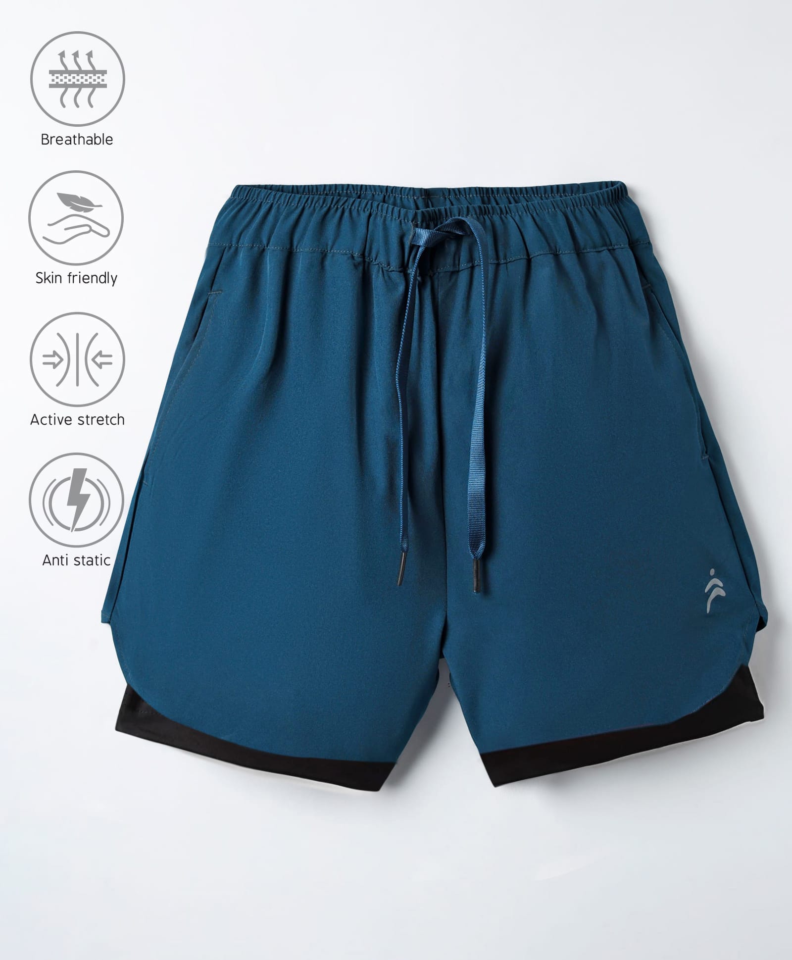 Pine Active Woven Ultra Light Above Knee Length Solid Shorts with High Stretch Inner Tights - Blue-picture-19