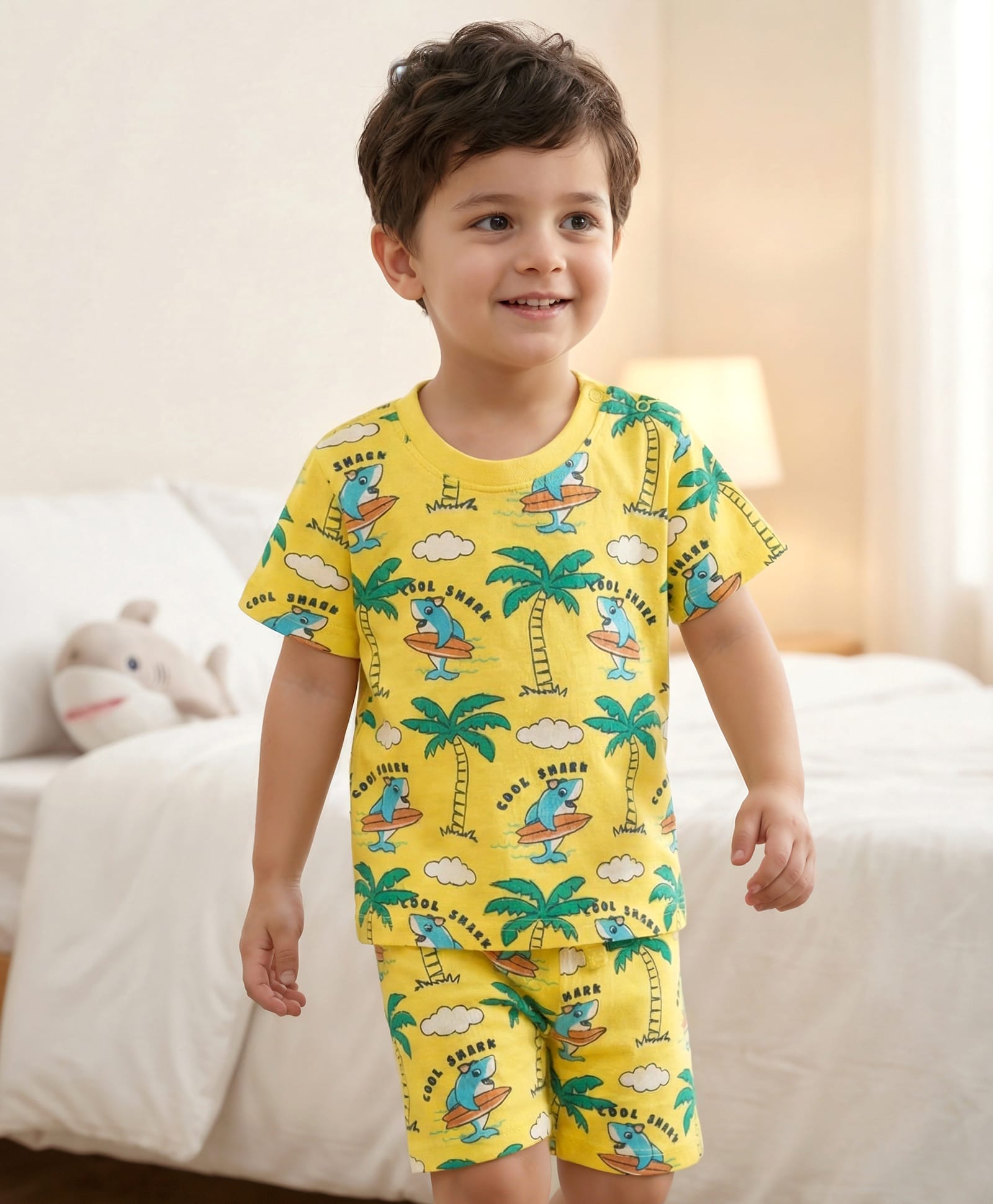 Babyhug Cotton Knit Half Sleeves Co-ords Shorts Night Suit With Beach Theme Print - Yellow