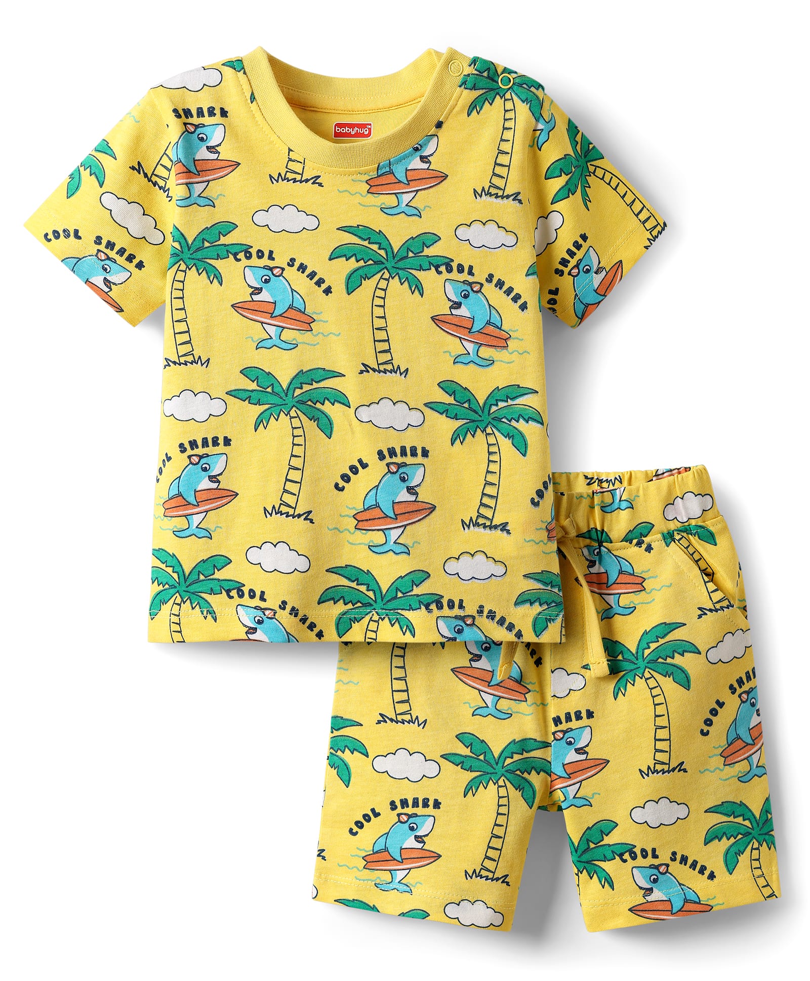 Babyhug Cotton Knit Half Sleeves Co-ords Shorts Night Suit With Beach Theme Print - Yellow-picture-13