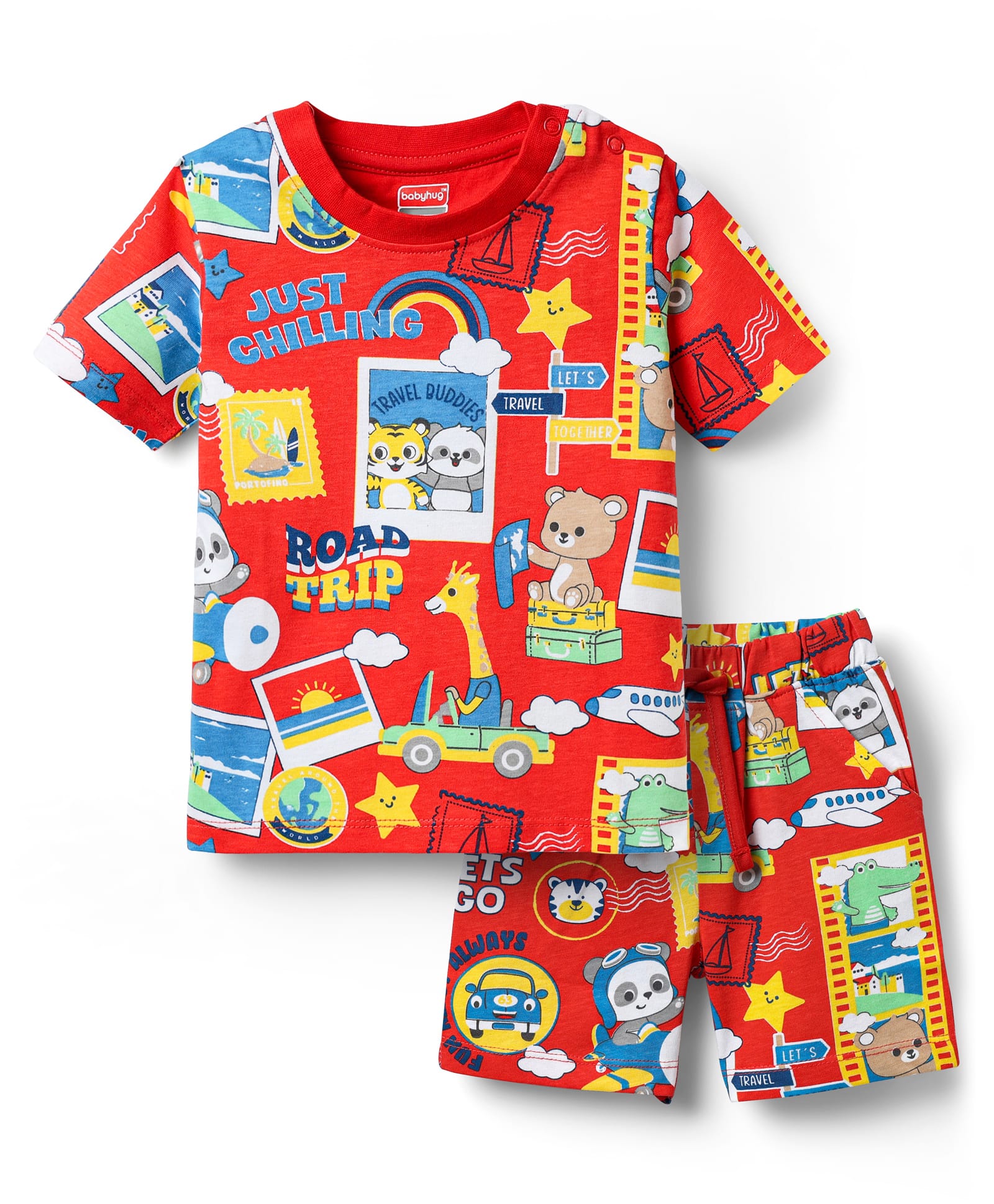 Babyhug Cotton Knit Half Sleeves Co-ords Shorts Night Suit With Animals Print - Red