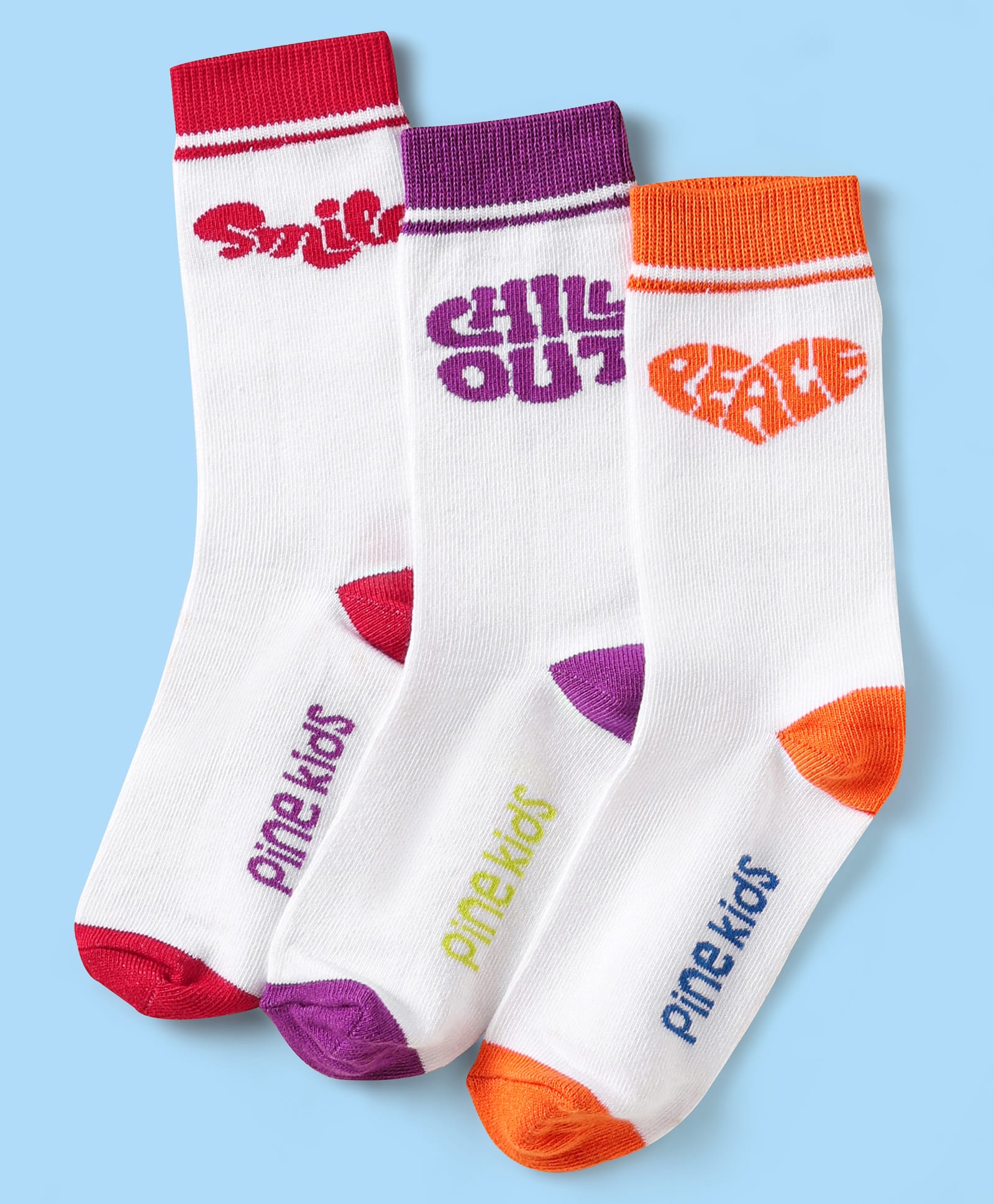 Pine Kids Knit Ankle Length Silvadur Antimicrobial Socks with Chill Out Design Pack of 3 - White Purple & Orange-picture-19