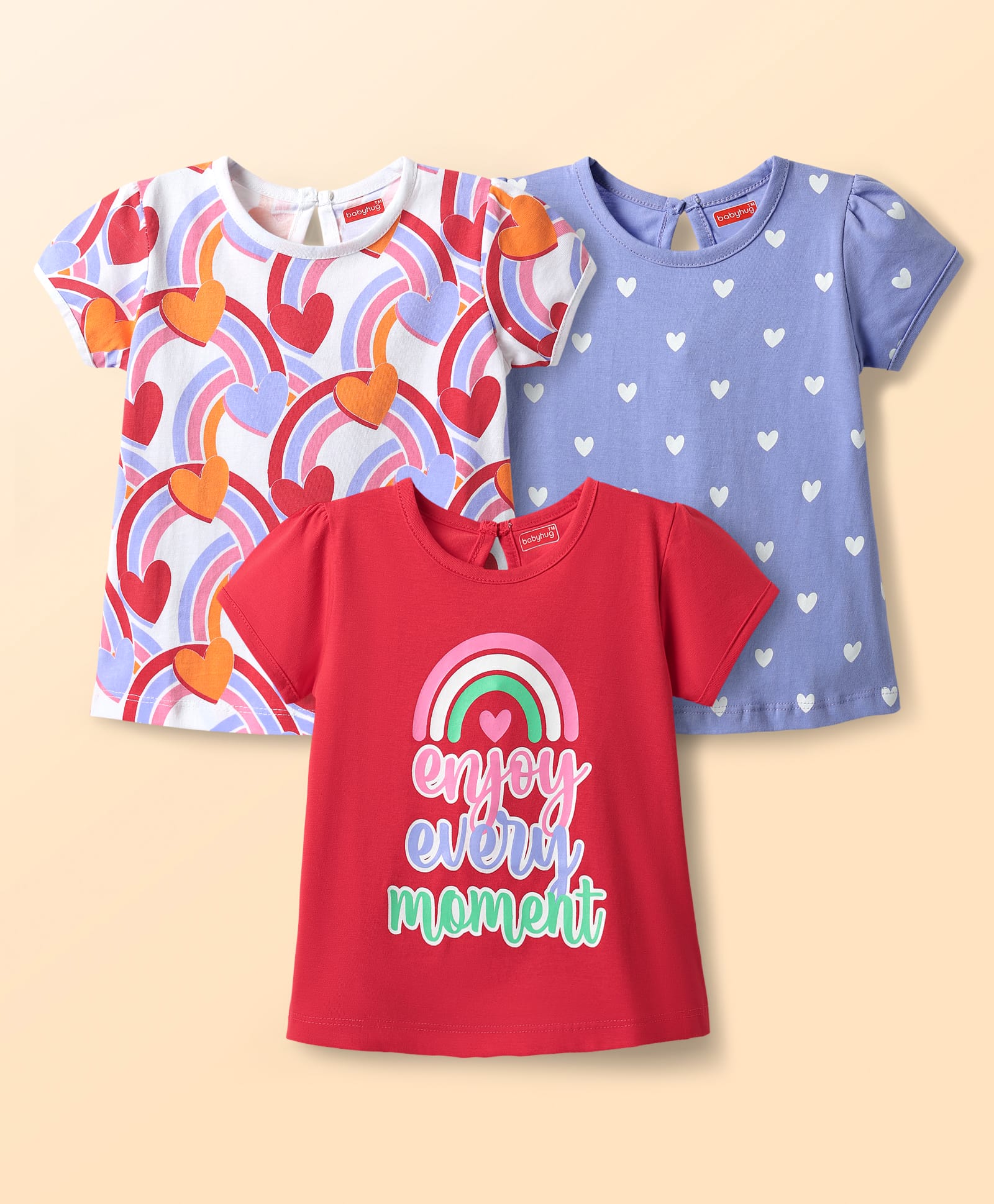 Babyhug 100% Cotton Knit Half Sleeves T-Shirt with Heart & Rainbow Print Pack of 3 - Red White & Lavender-picture-13