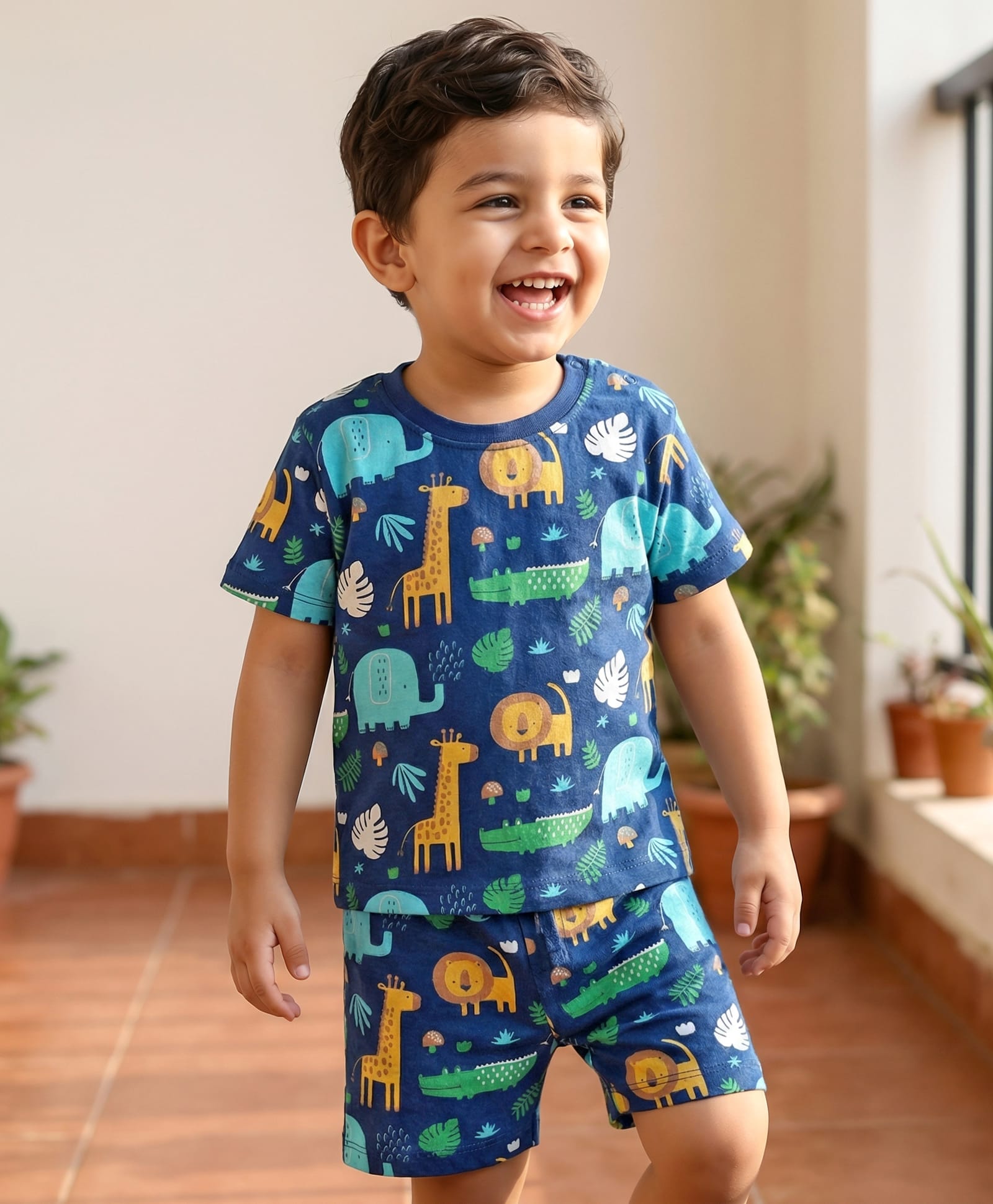 Babyhug Cotton Knit Half Sleeves Co-ords Shorts Night Suit with Jungle Theme Print - Navy Blue