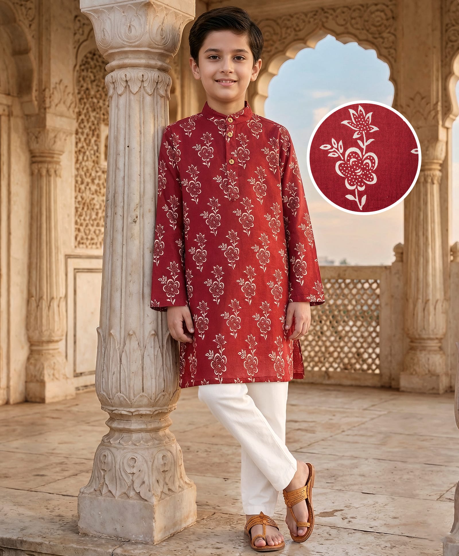 Pine Kids Cotton Woven Full Sleeves Kurta Pyjama Set Floral Print - Maroon-picture-29