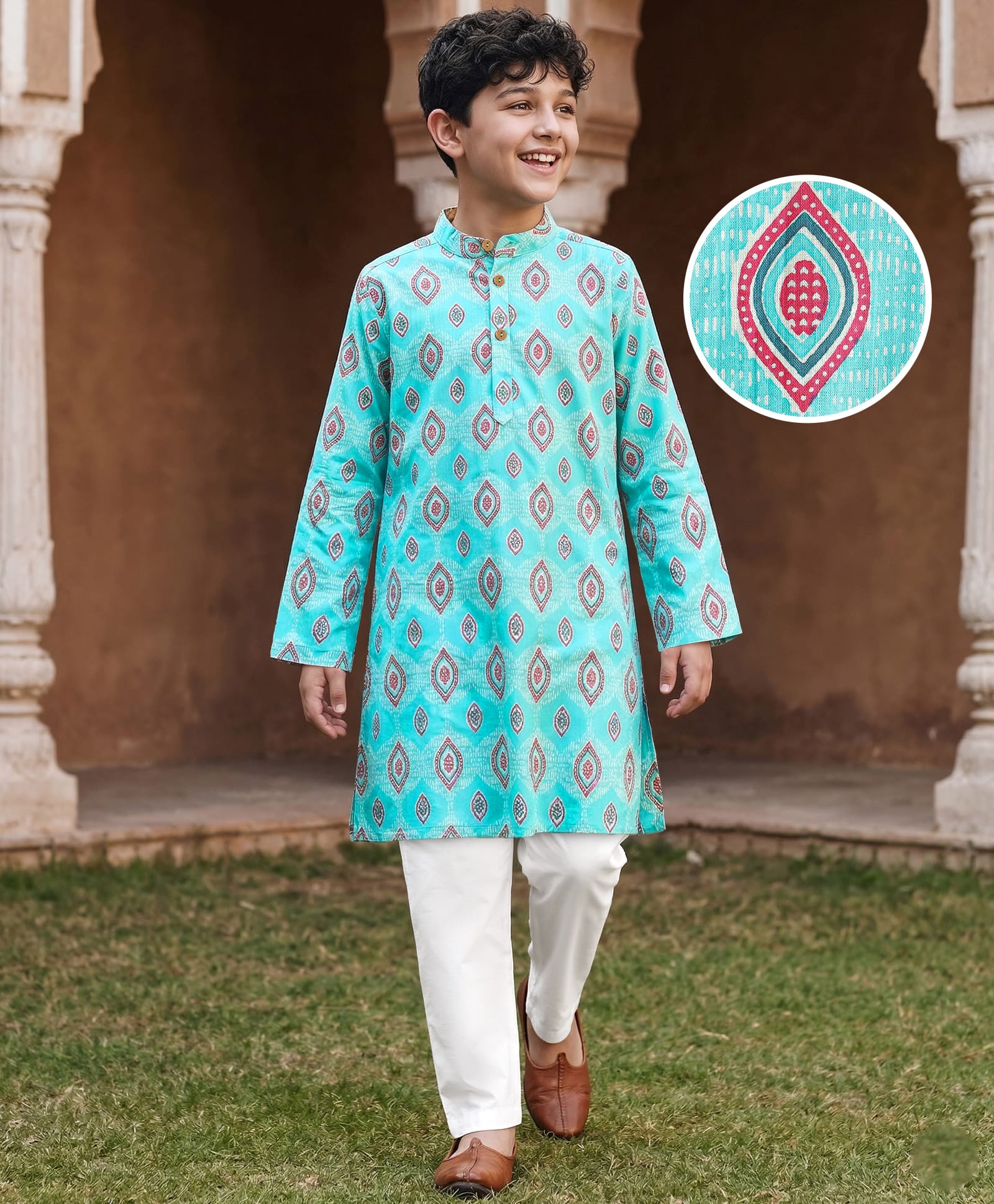 Pine Kids Cotton Woven Full Sleeves Kurta Pajama Set with Ethnic Motif Print - Aqua Blue & White-image-39