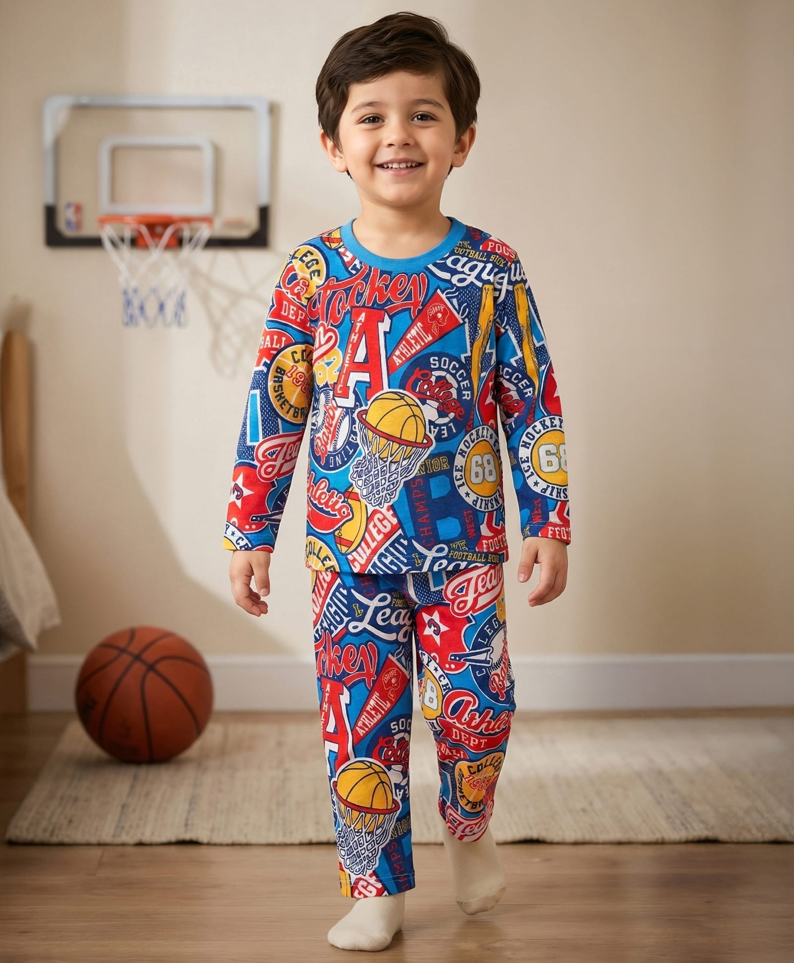 Babyhug Cotton Knit Full Sleeves Co-ords Night Suit With Basket Ball Print - Multicolour-image-34