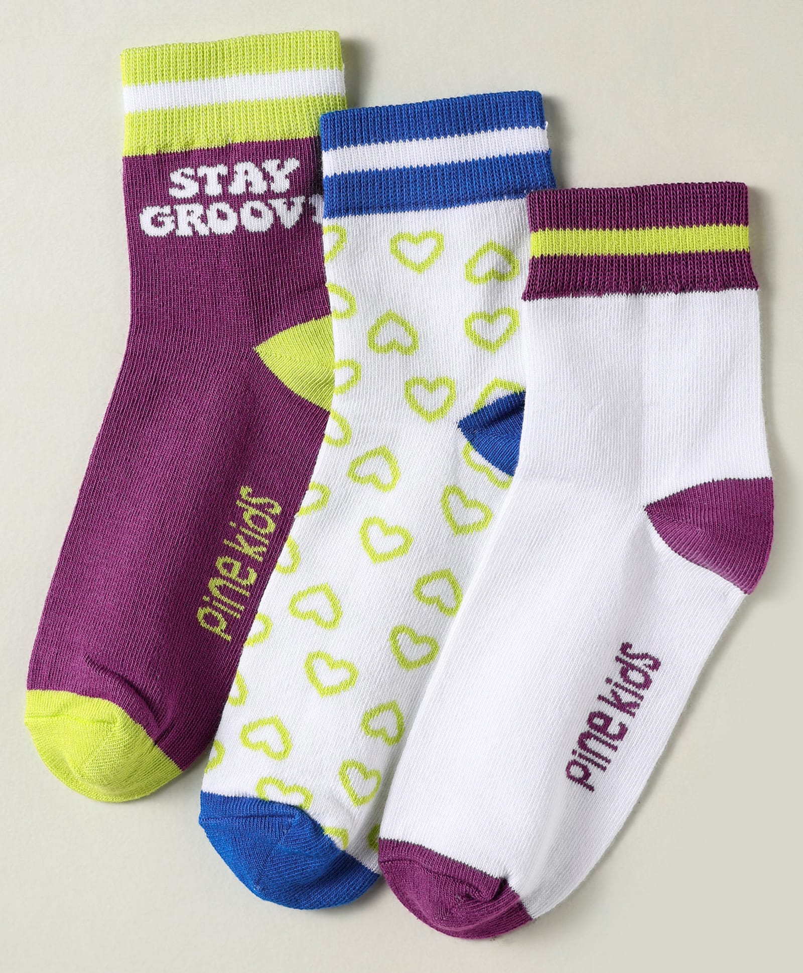 Pine Kids Knit Ankle Length Silvadur Antimicrobial Socks with Heart & Text Design Pack of 3 - Plum & White-picture-27