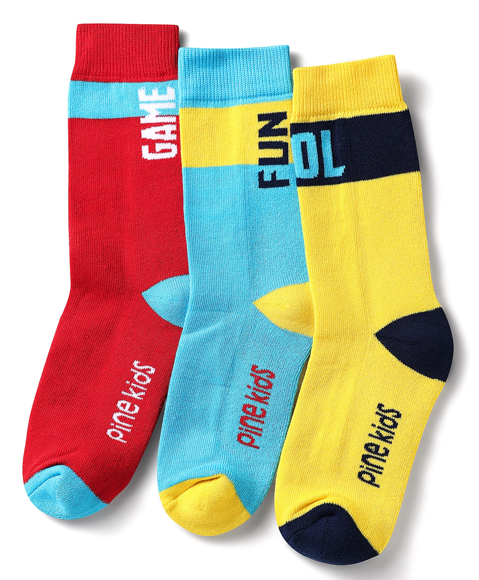 Pine Kids Knit Ankle Length Silvadur Antimicrobial Socks with Text Design Pack of 3 - Red Light Blue & Yellow-image-45