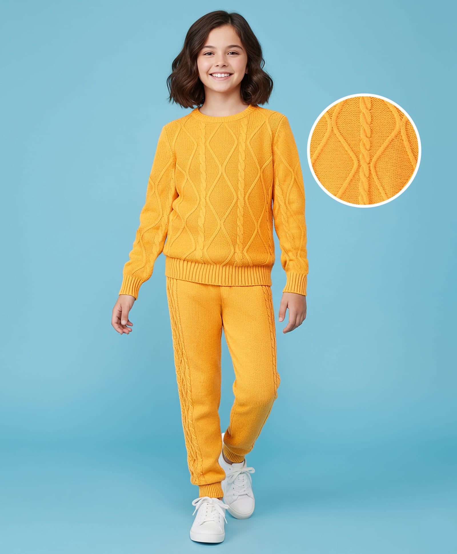 Pine Kids Knit Full Sleeves Sweater Set with Cable Knit Design - Mustard-picture-16