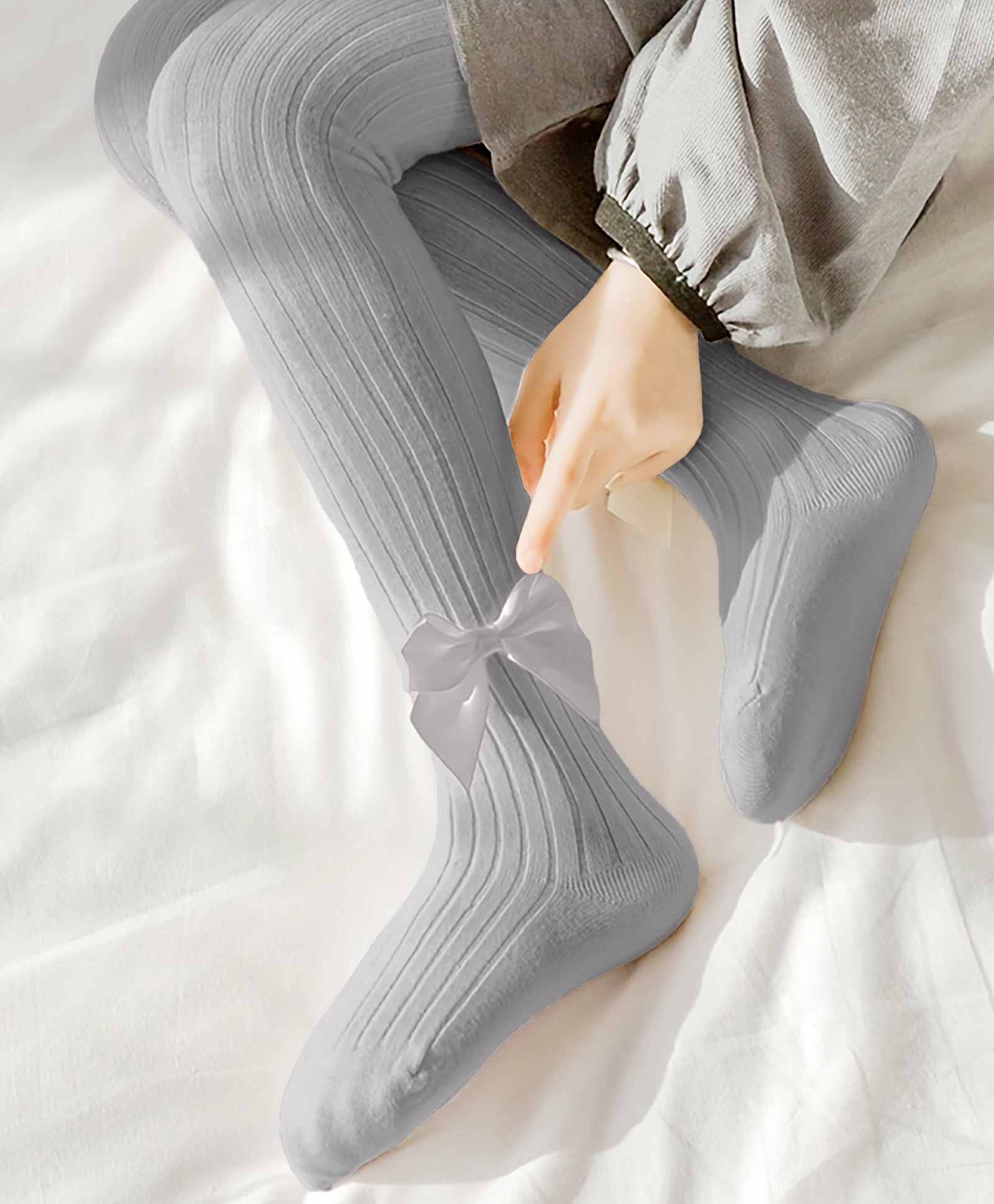 SYGA Cotton Bow Applique Detailed Ribbed Stockings - Grey-image-40