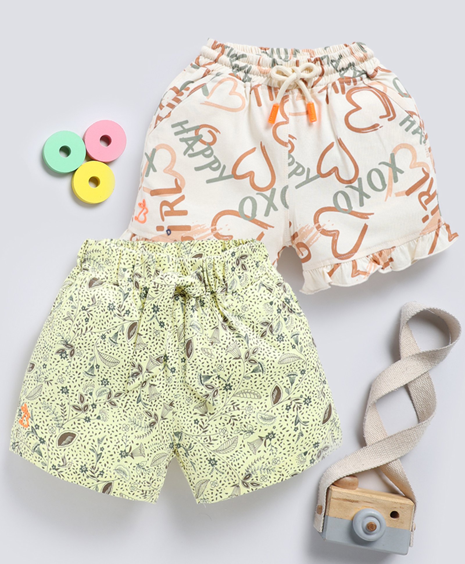 Biskid Sinker Pack Of 2 Floral & Hearts Printed Shorts - Beige Brown & Lemon-image-14