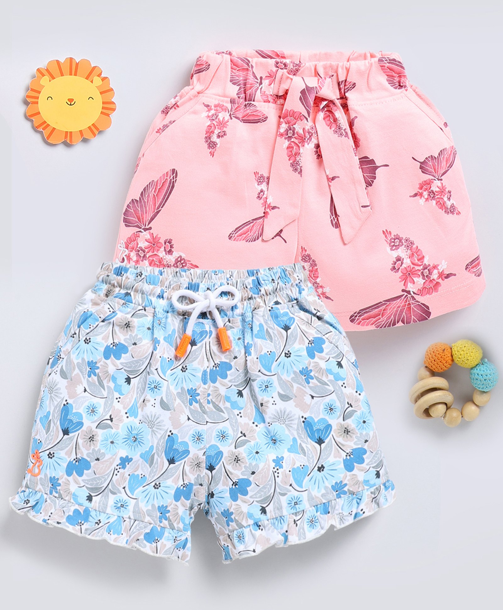 Biskid Sinker Pack Of 2 Floral & Butterfly Printed Shorts - White Blue & Peach-picture-25