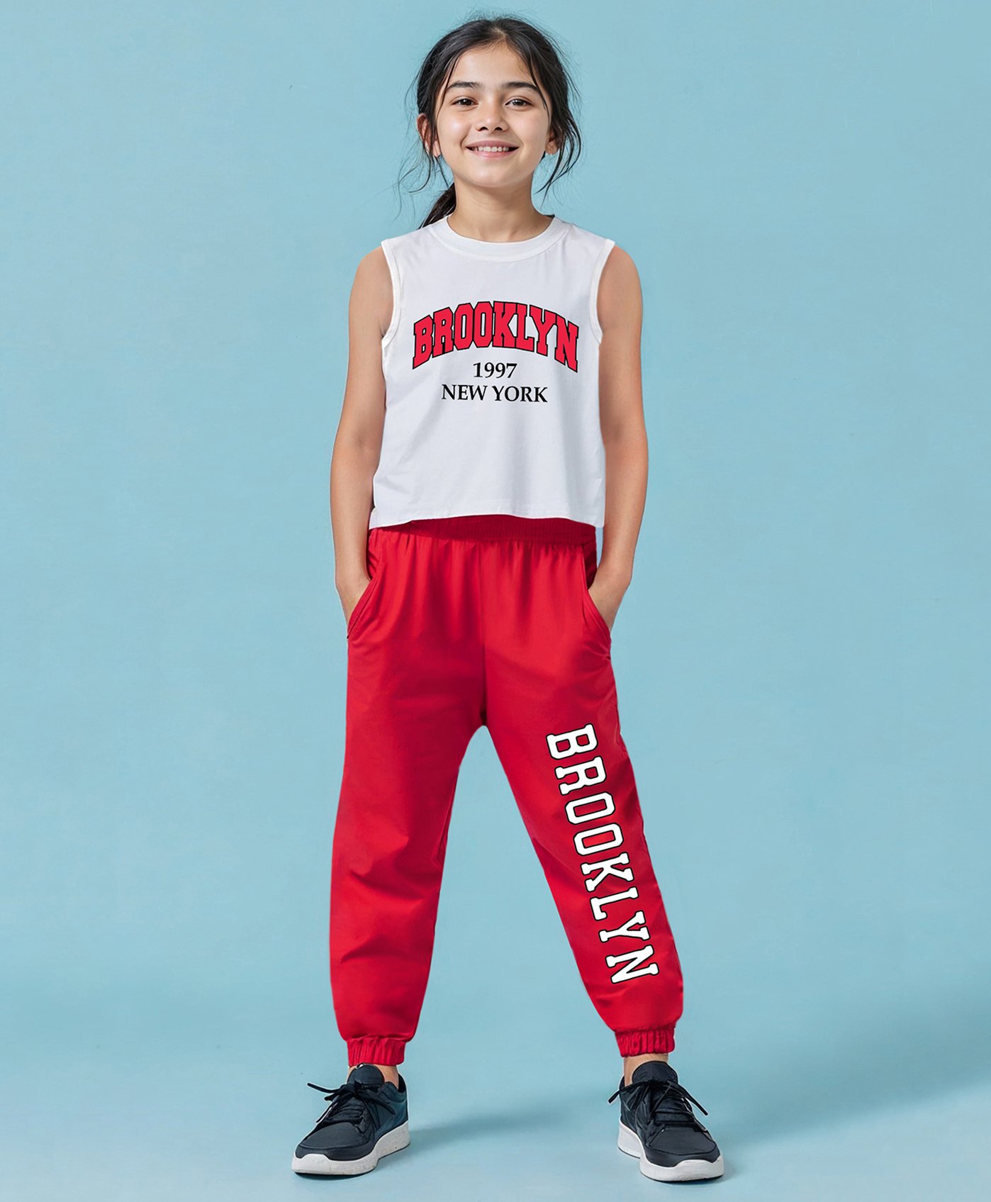 Trampoline Cotton Blend Sleeveless Brooklyn Text Printed Tee & Coodinating Joggers Set - White & Red-image-48