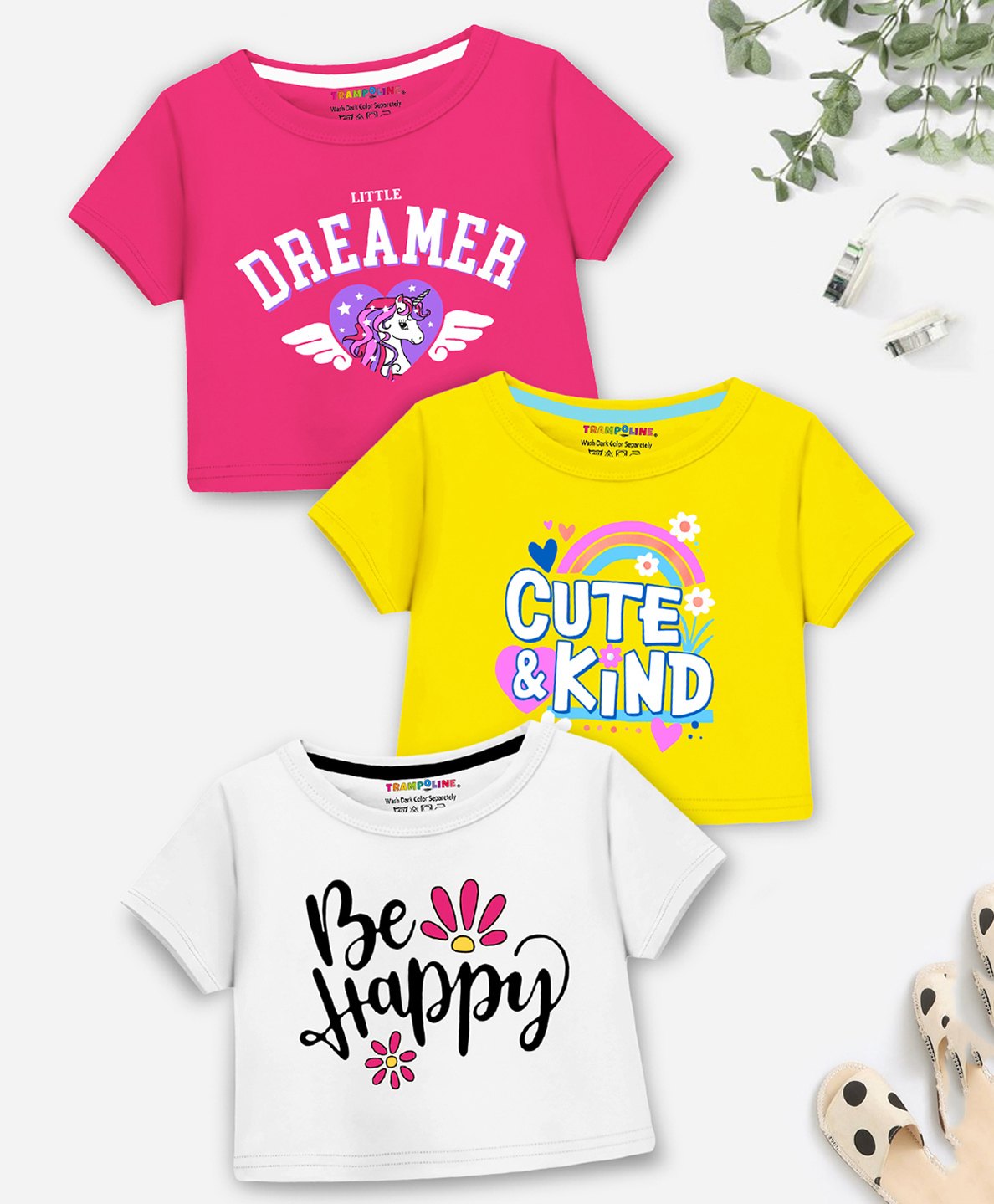 Trampoline Cotton Blend Pack Of 3 Half Sleeves Unicorn & Be Happy Text Printed Crop Tees - Multi Colour-picture-22
