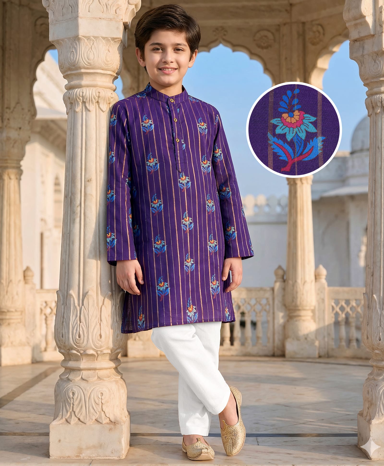 Pine Kids Woven Full Sleeves Kurta Pyjama Set With Floral Print - Purple-image-45