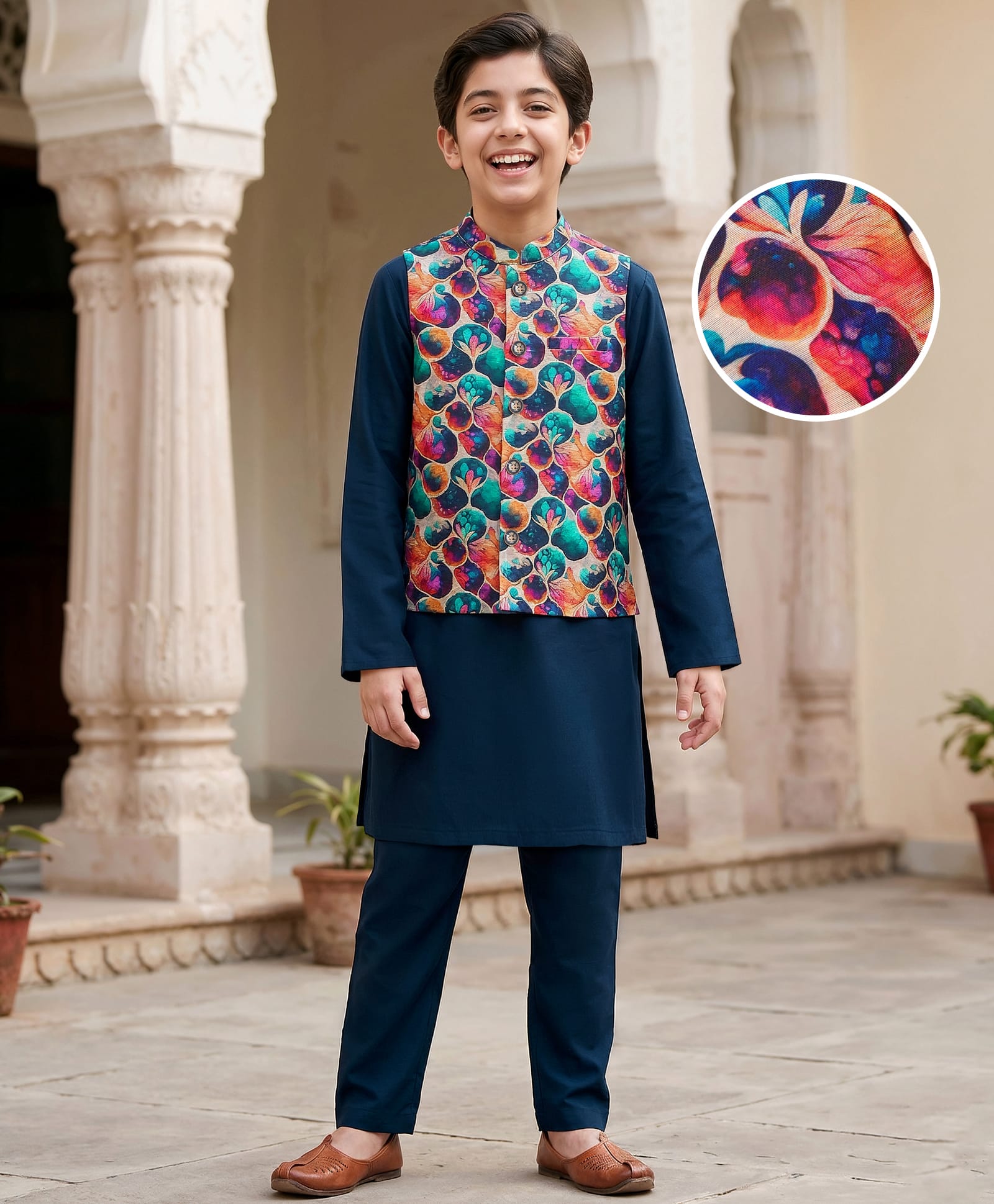 Pine Kids Woven Full Sleeves Kurta Pajama Set with Jacket & Print - Navy Blue-image-24