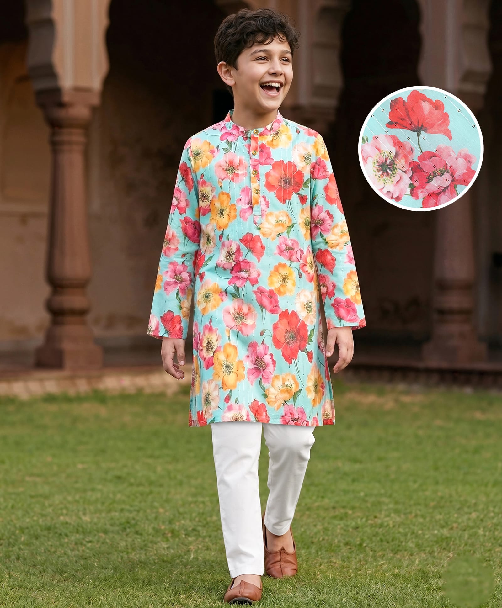 Pine Kids Cotton Woven Full Sleeves Kurta Pajama Set with Ethnic Floral Print - Light Blue & White-picture-39