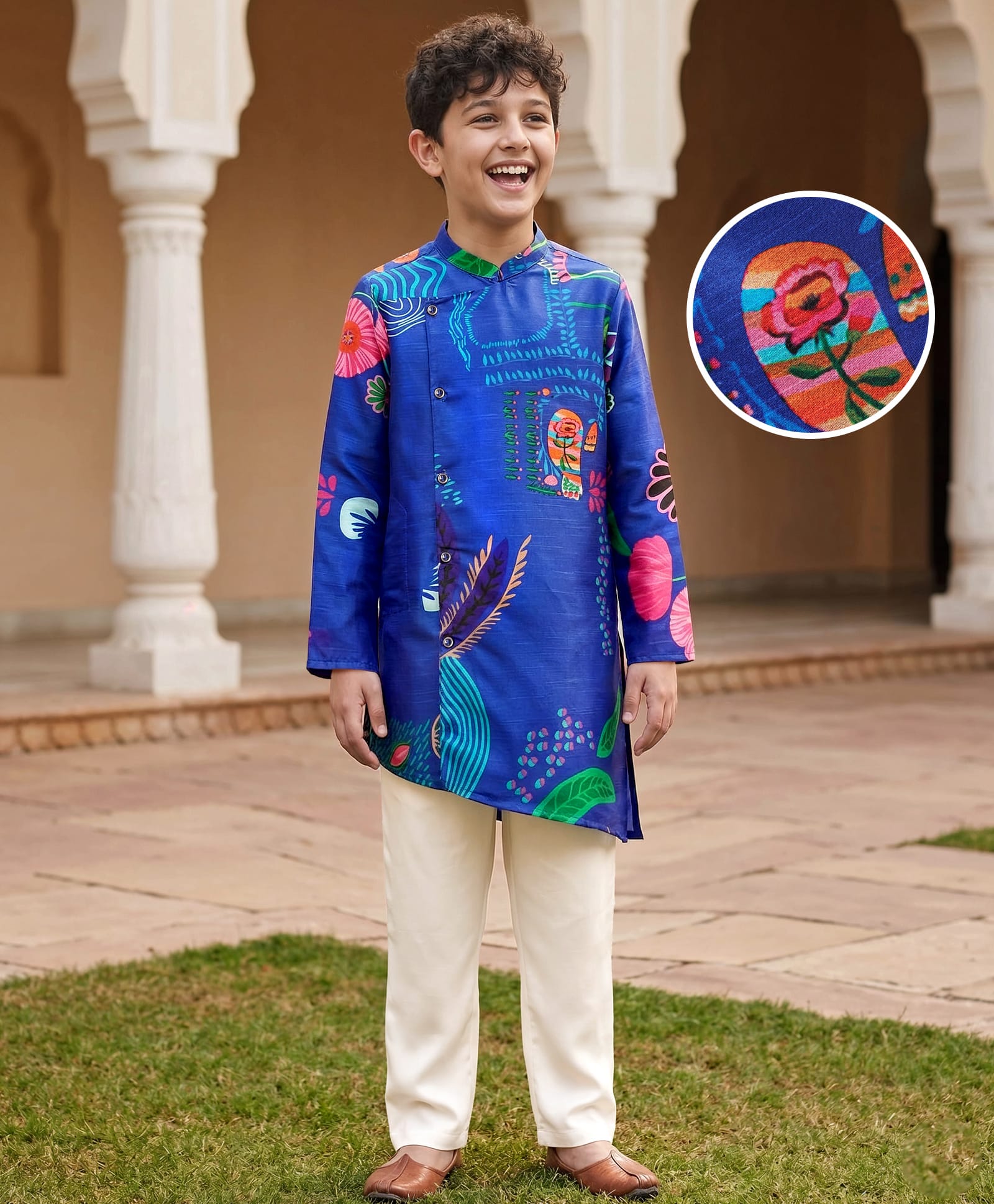 Pine Kids Woven Full Sleeves Kurta Pajama Set with Tropical Theme Print - Blue & White-picture-20