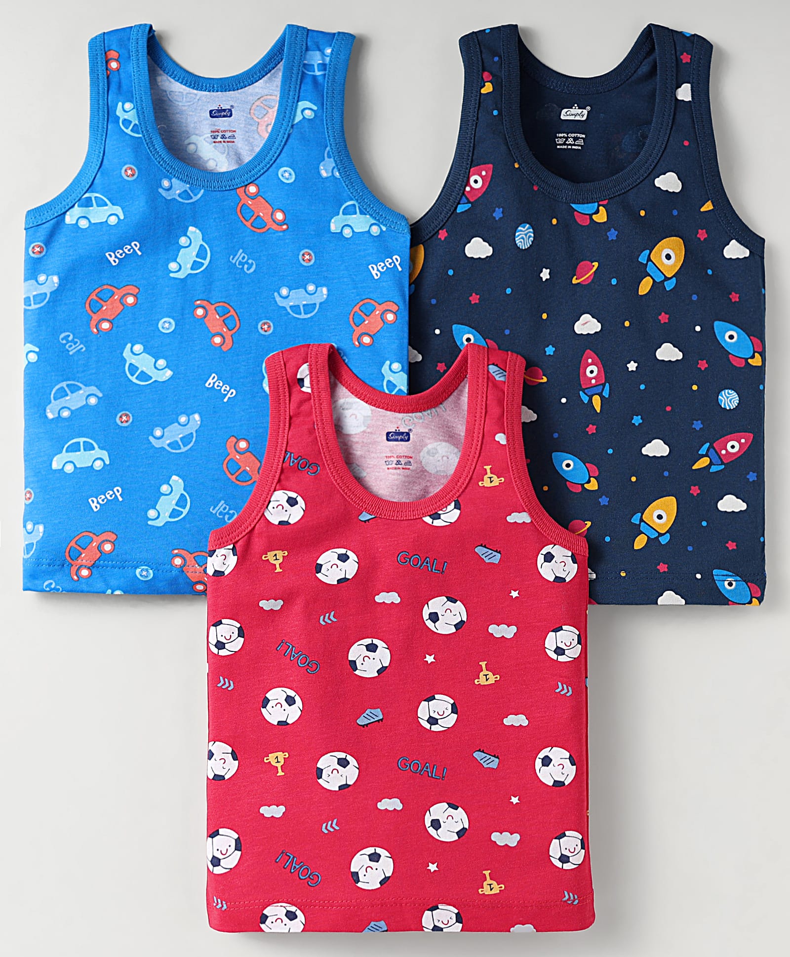 Simply Sinker Knit Sleeveless Vests With Cars Space & Football Print Pack Of 3 - Navy Blue Red & Light Blue-picture-31