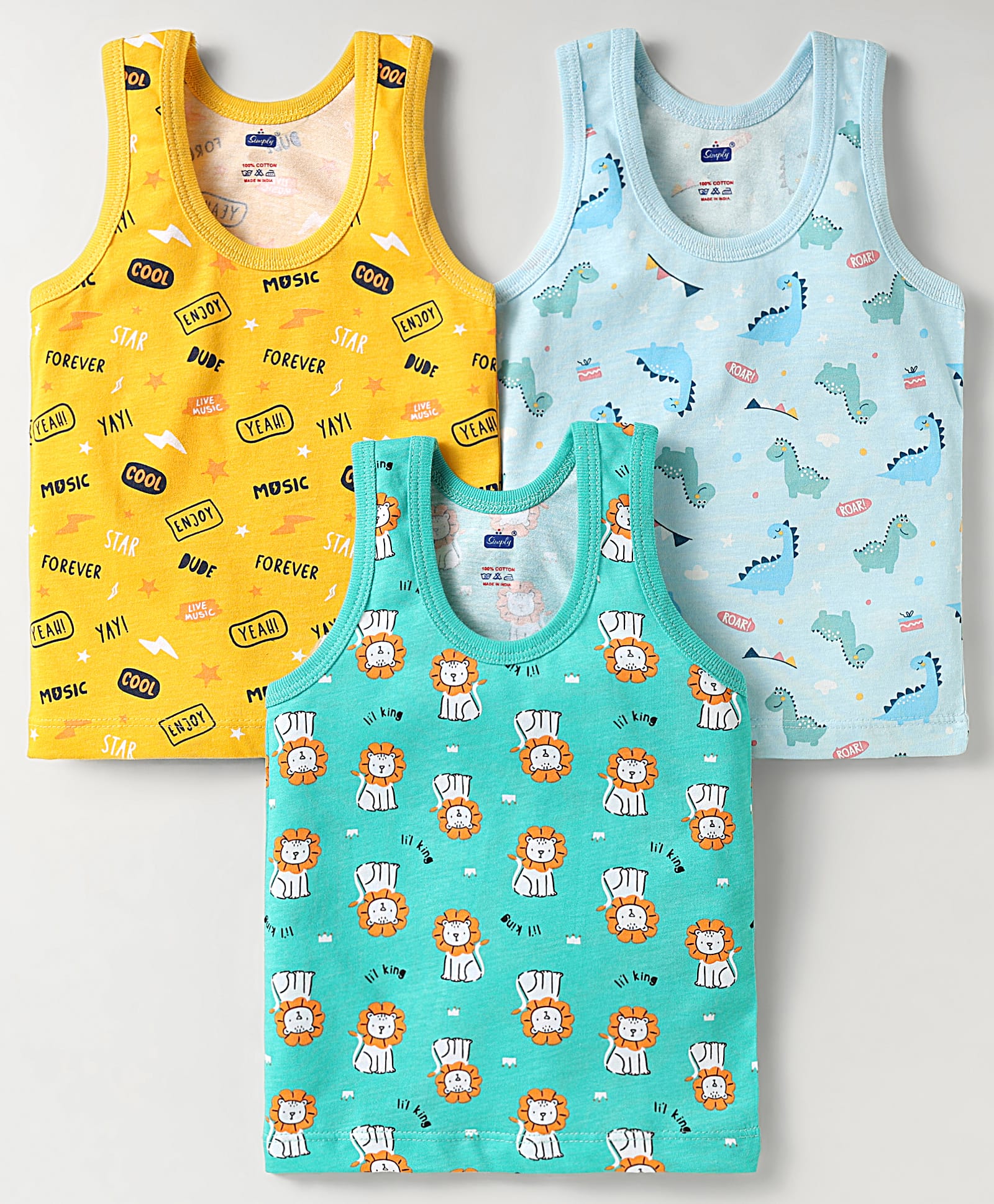 Simply Sinker Knit Sleeveless Vests With Animals & Text Print Pack Of 3 - Yellow Turquoise & Light Blue-image-19