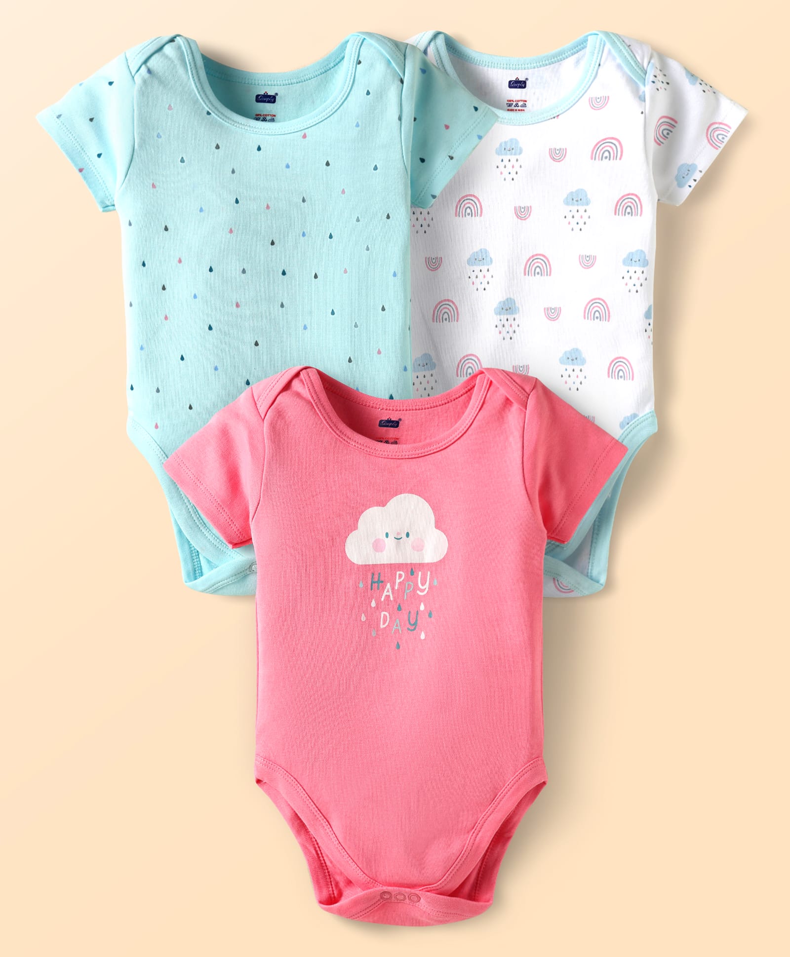 Simply Interlock Knit Half Sleeves Cloud & Rainbow Printed Onesies Pack of 3 - Dark Pink Light Blue & White-image-30