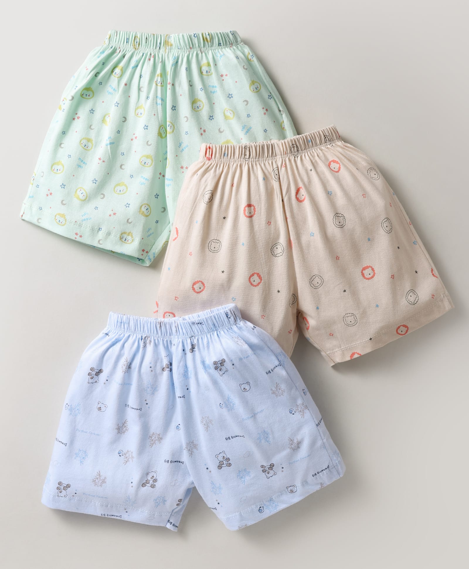 Simple Sinker Knit Knee Length Shorts with Animal Print Pack of 3 - Beige Mint Green & Light Blue-image-45