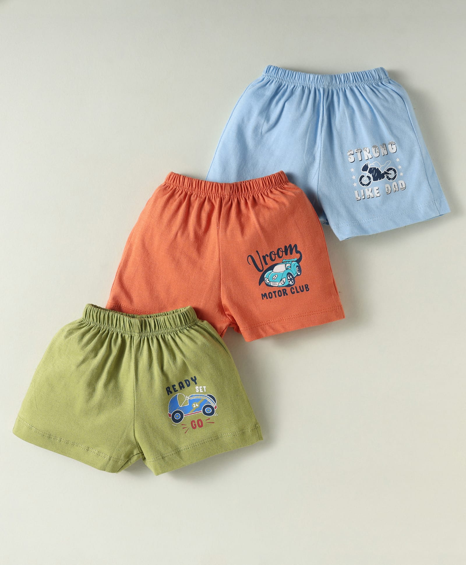 Simply Sinker Knit Knee Length Shorts with Racer Print Pack of 3 - Orange Blue & Olive Green-picture-26
