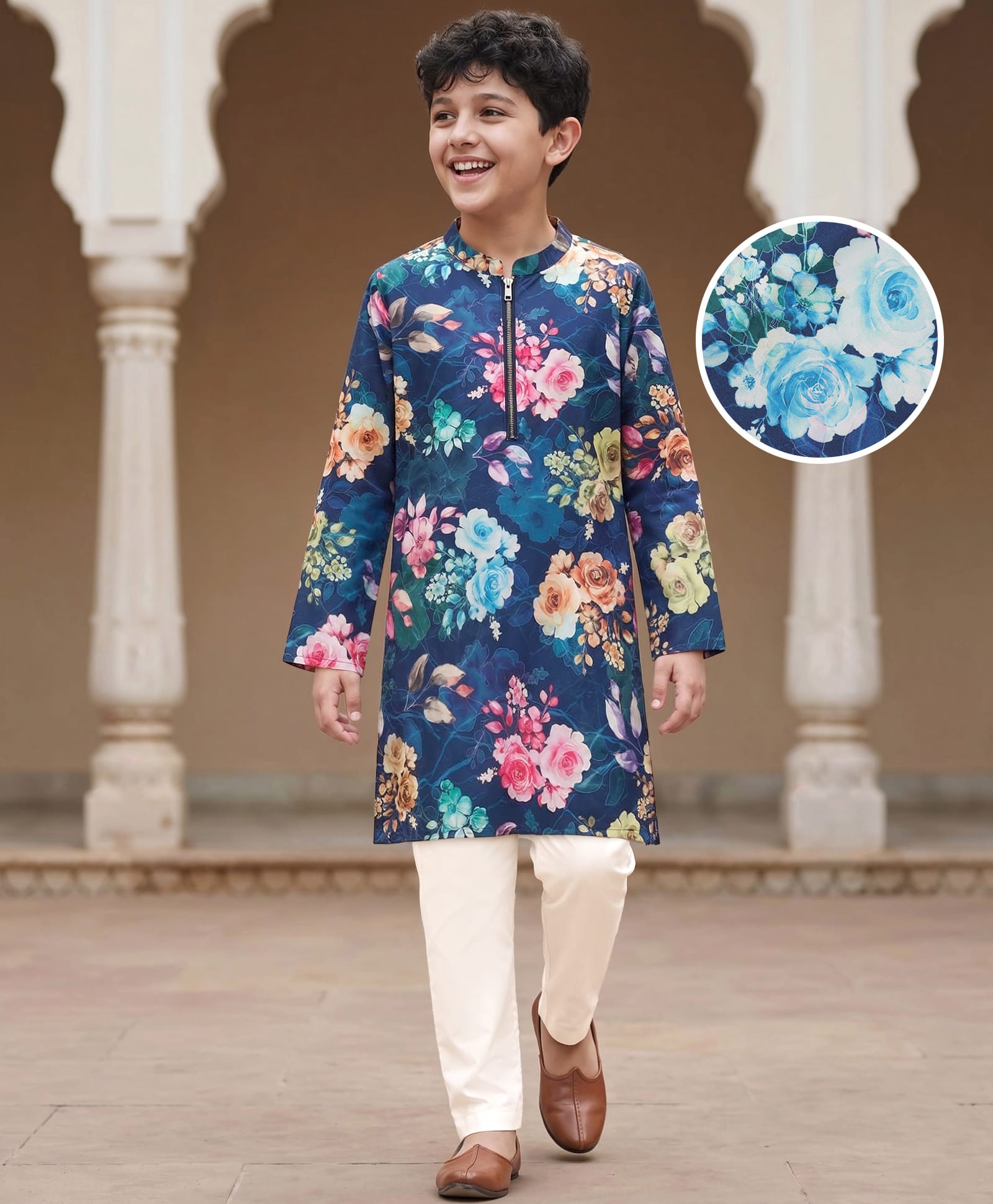 Pine Kids Woven Full Sleeves Kurta Pajama Set with Floral Print - Navy Blue & White-image-40