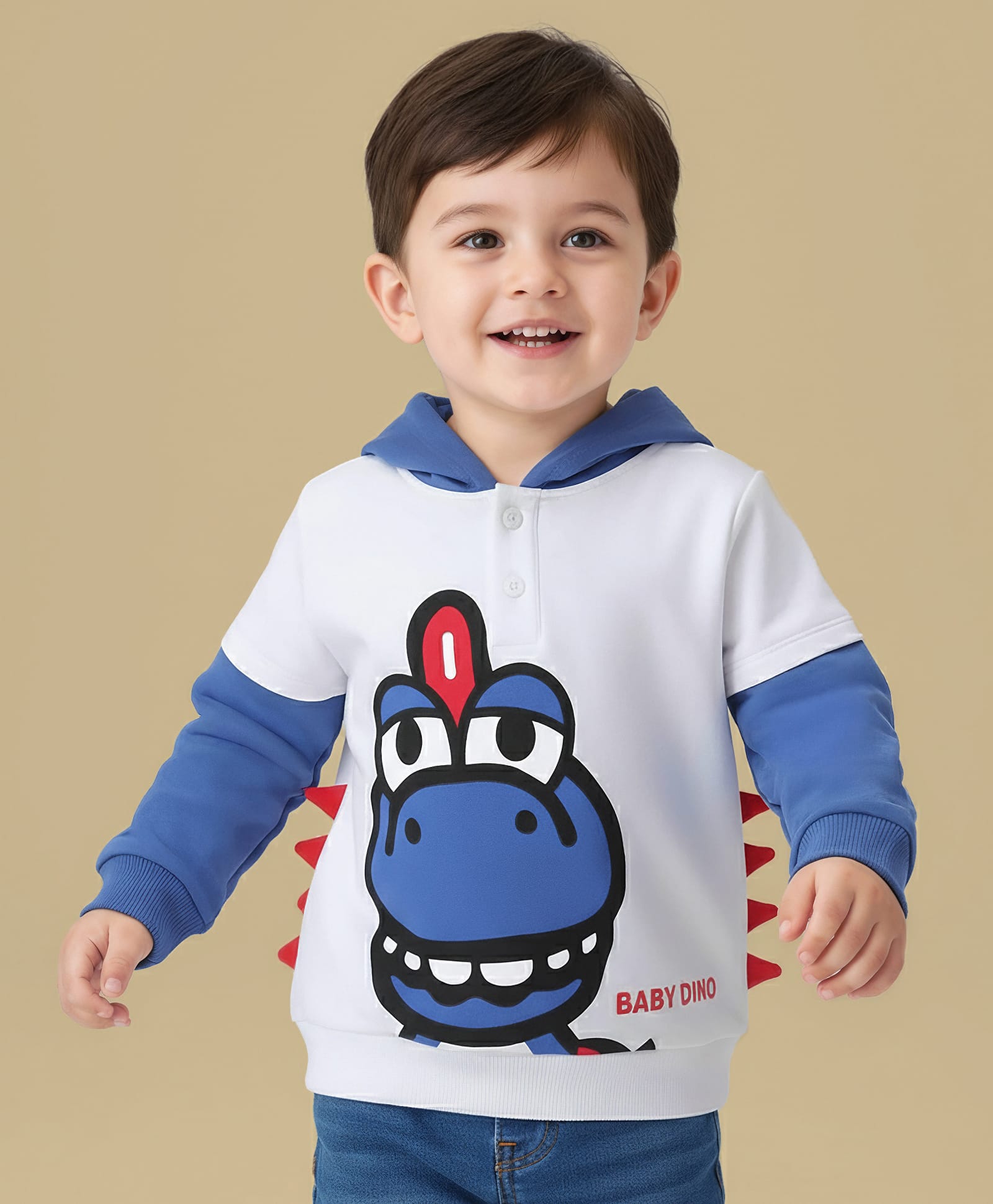 Mark & Mia Terry Knit Full Doctor Sleeves Hooded Sweatshirt with Dino Graphics & Spikes - White-picture-24