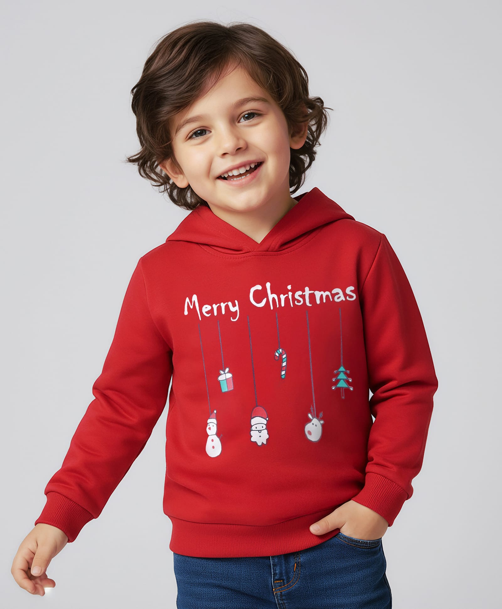Mark & Mia Terry Knit Full Sleeves Hooded Sweatshirt With Christmas Graphics Detailing - Red-picture-11