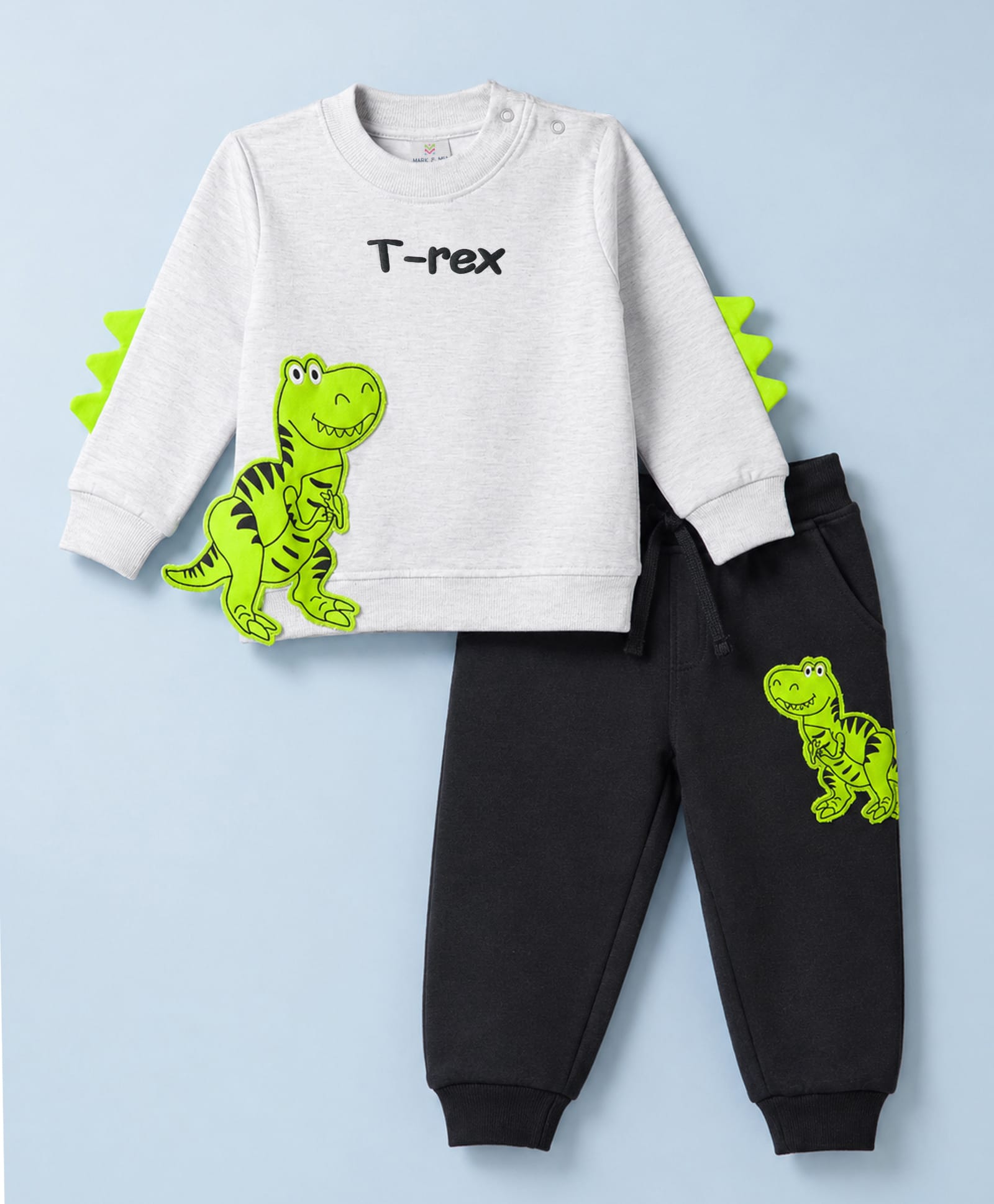 Mark & Mia Terry Knit Full Sleeves Winter Wear Sweatshirt & Lounge Pant Set with Dino Patch & Applique - Black & Grey-picture-20