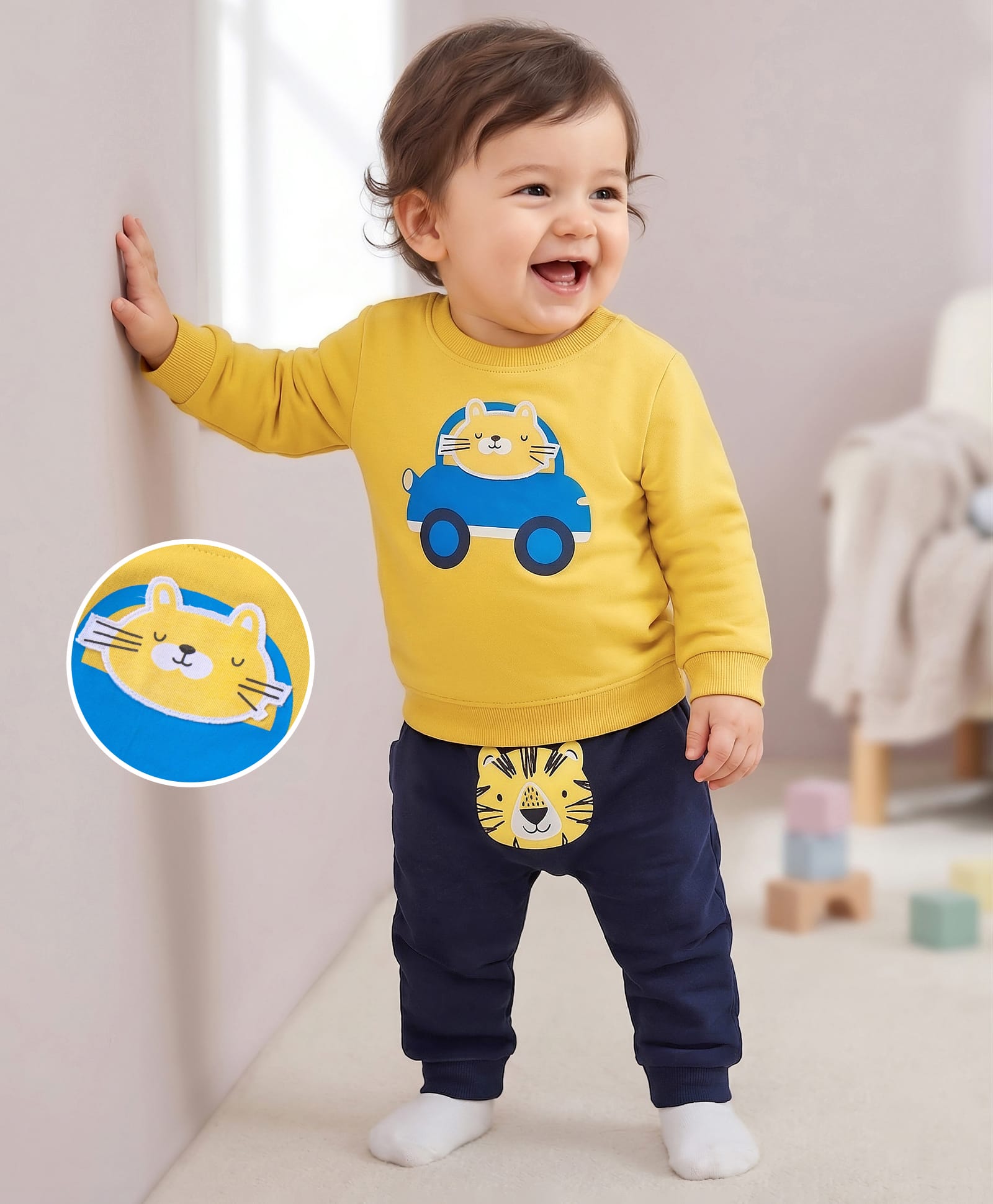 Mark & Mia Terry Knit Full Sleeves Winter Wear Suit Set with Animal Print Detailing - Yellow & Navy Blue-picture-11