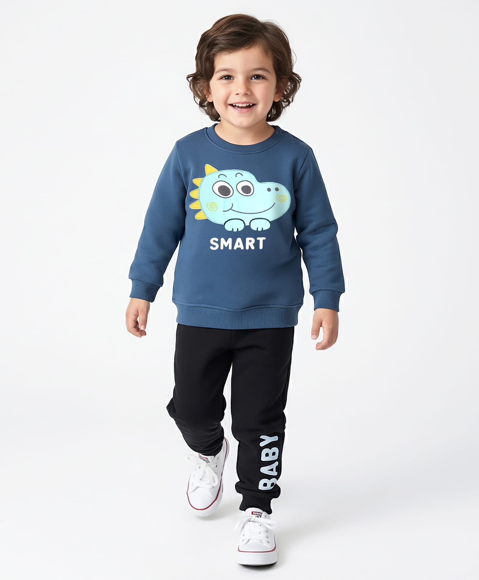 Mark & Mia Terry Knit Full Sleeves Winter Wear T-Shirt & Lounge Pant Set With Animal Patch & Baby Print - Navy Blue & Black-image-3